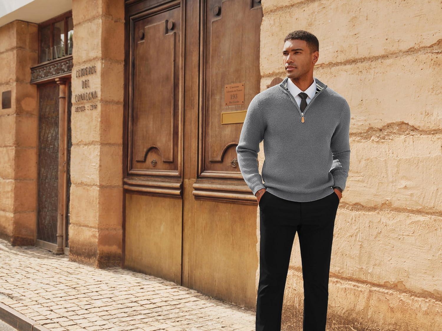 imagePJ PAUL JONES Mens Quarter Zip Sweaters Slim Fit Long Sleeve Casual Pullover Sweater Knit Textured Mock Neck Polo SweatersGrey Waffle