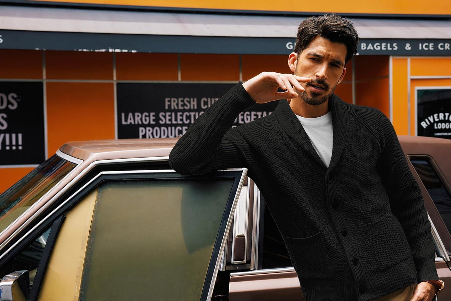 imagePJ PAUL JONES Mens Shawl Collar Cardigan Sweaters Knit Textured Sweater Button Down CardigansBlack