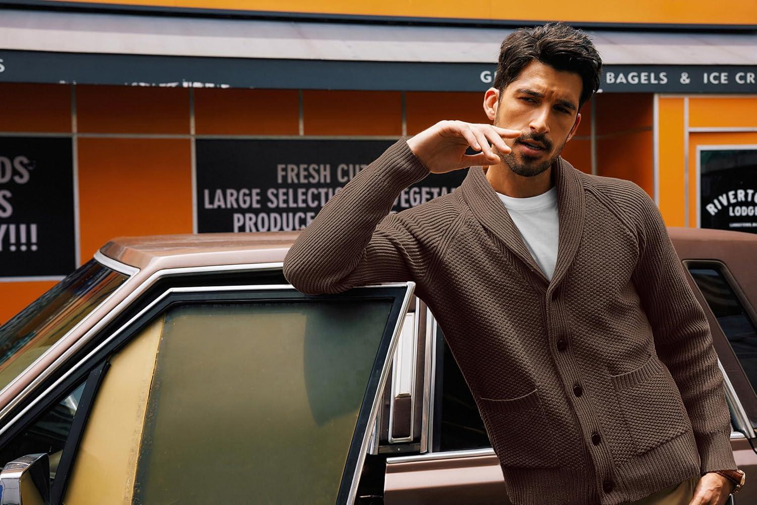 imagePJ PAUL JONES Mens Shawl Collar Cardigan Sweaters Knit Textured Sweater Button Down CardigansCoffee