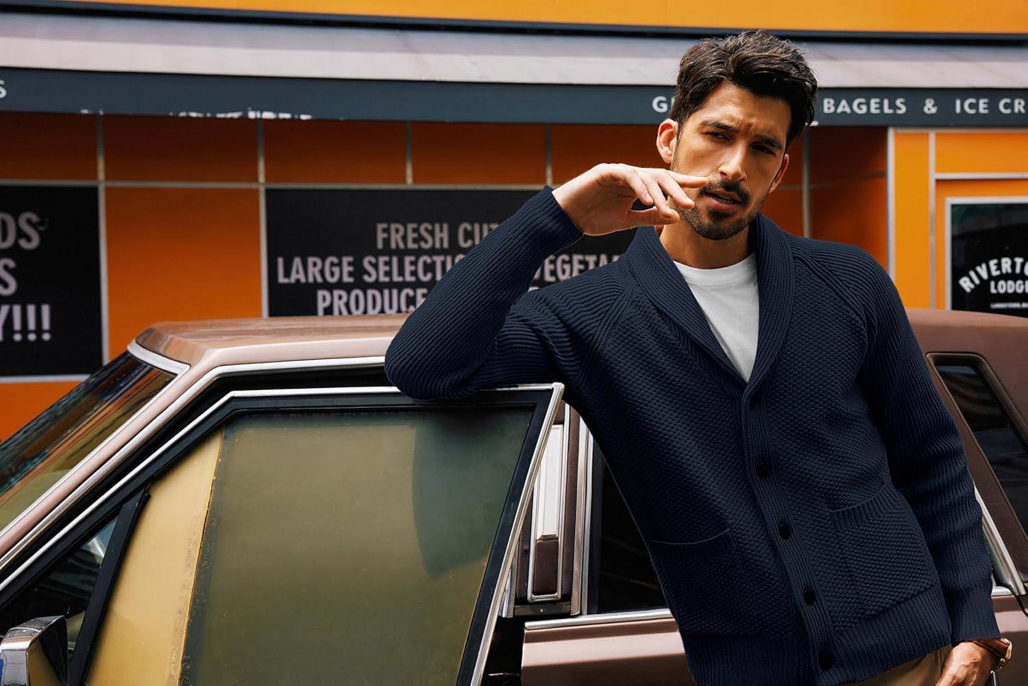 imagePJ PAUL JONES Mens Shawl Collar Cardigan Sweaters Knit Textured Sweater Button Down CardigansDark Blue