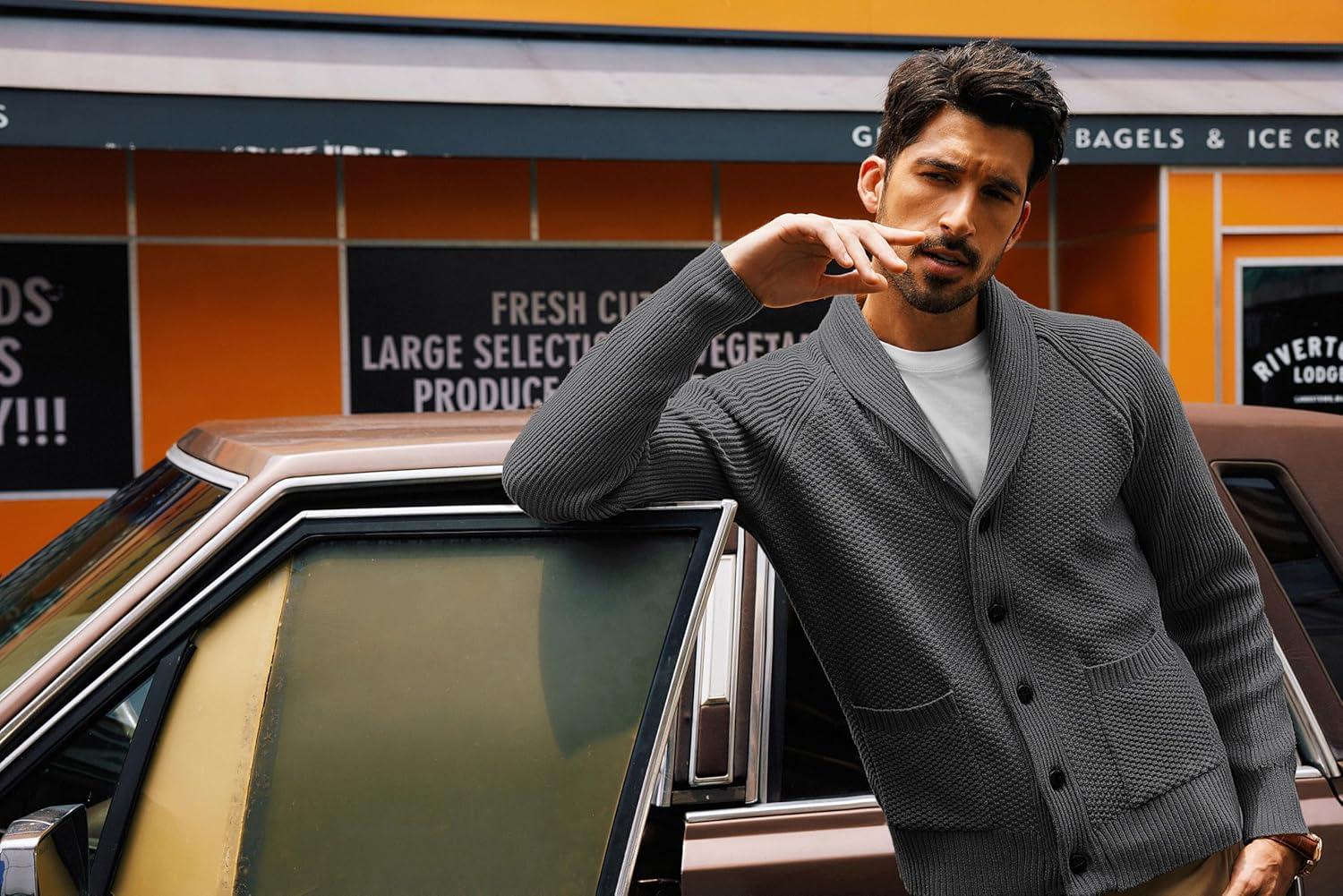 imagePJ PAUL JONES Mens Shawl Collar Cardigan Sweaters Knit Textured Sweater Button Down CardigansGrey