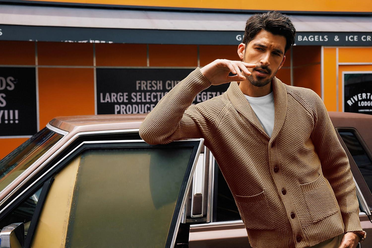 imagePJ PAUL JONES Mens Shawl Collar Cardigan Sweaters Knit Textured Sweater Button Down CardigansLight Coffee