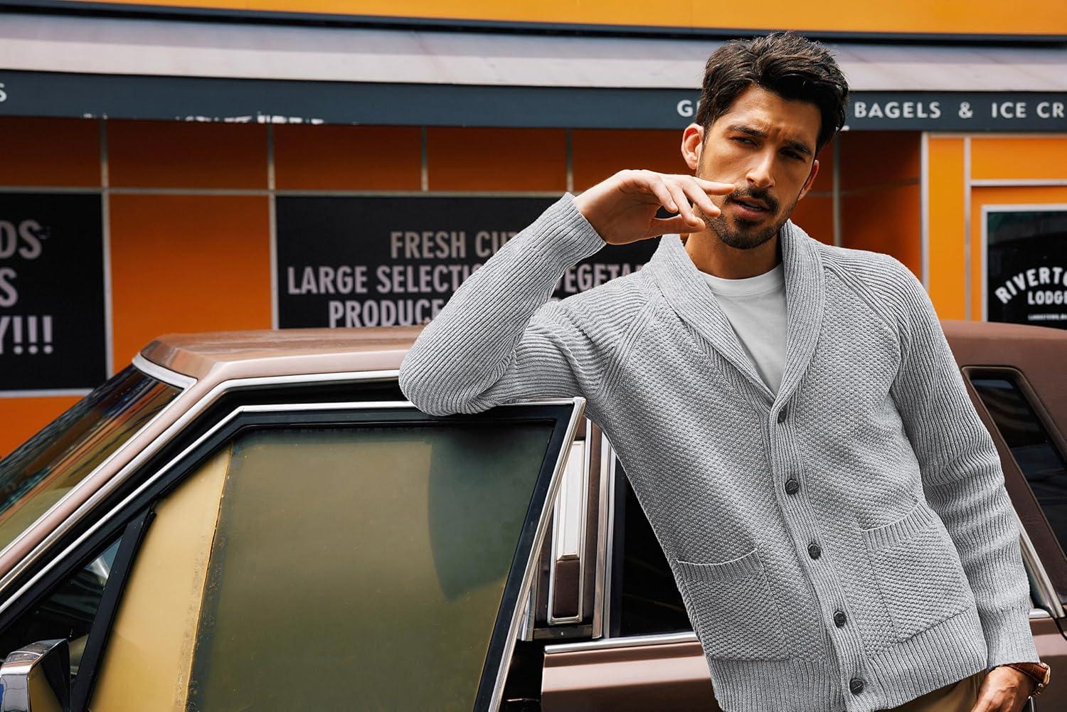 imagePJ PAUL JONES Mens Shawl Collar Cardigan Sweaters Knit Textured Sweater Button Down CardigansLight Grey