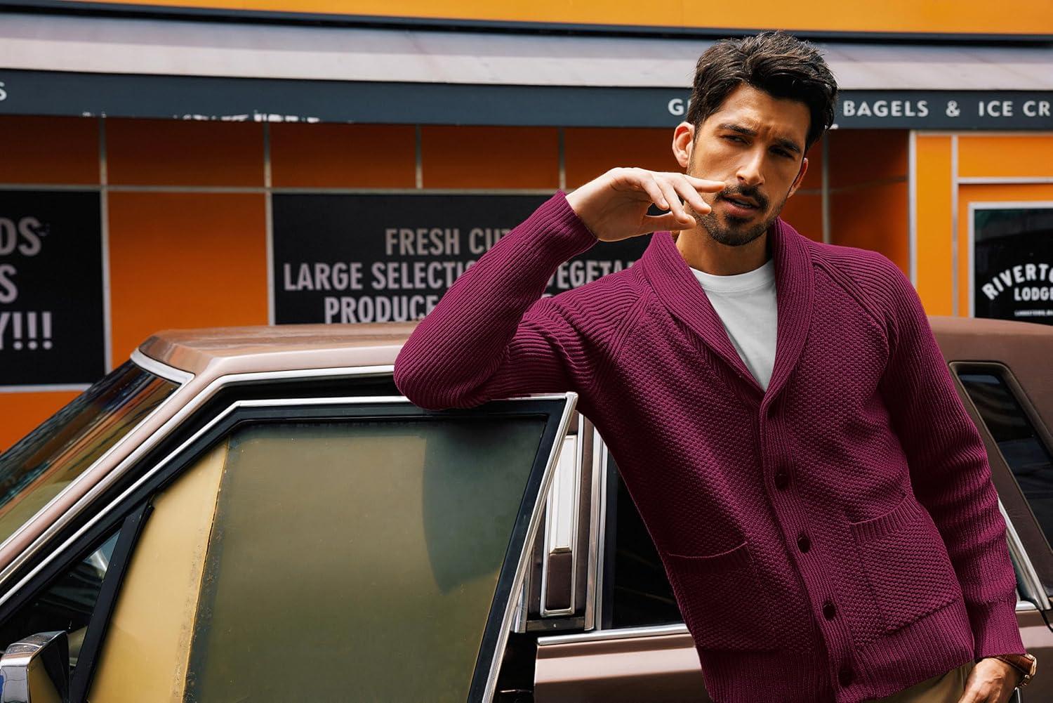 imagePJ PAUL JONES Mens Shawl Collar Cardigan Sweaters Knit Textured Sweater Button Down CardigansRed