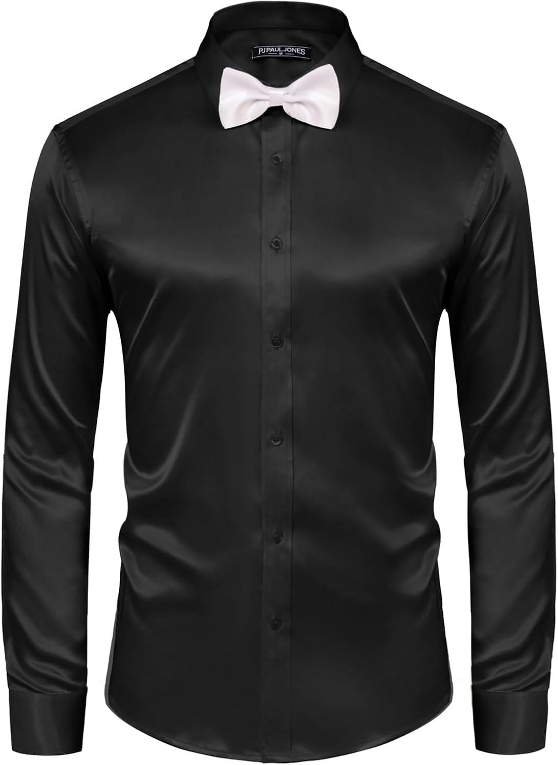 imagePJ PAUL JONES Mens Shiny Satin Dress Shirts Long Sleeve Button Down Silk Shirt with Bow TieBlack