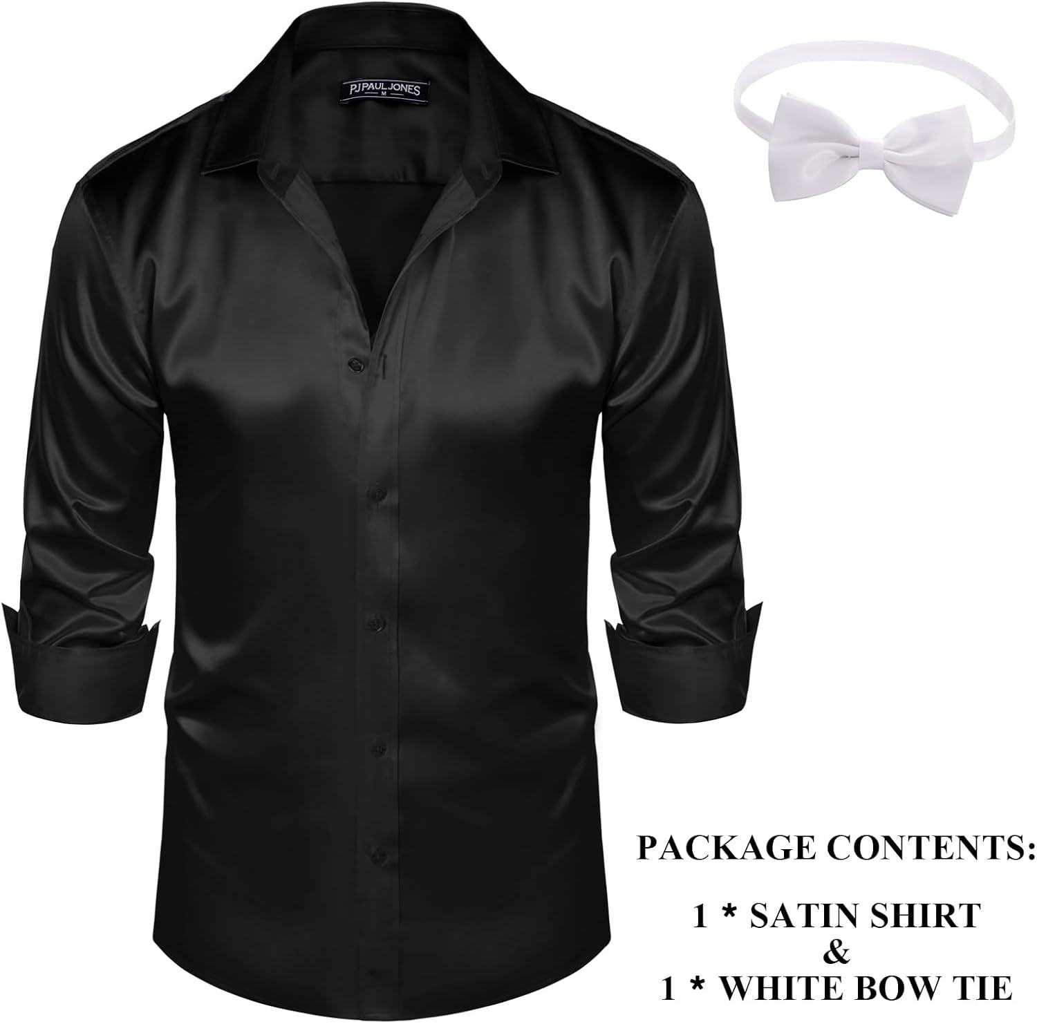 imagePJ PAUL JONES Mens Shiny Satin Dress Shirts Long Sleeve Button Down Silk Shirt with Bow TieBlack