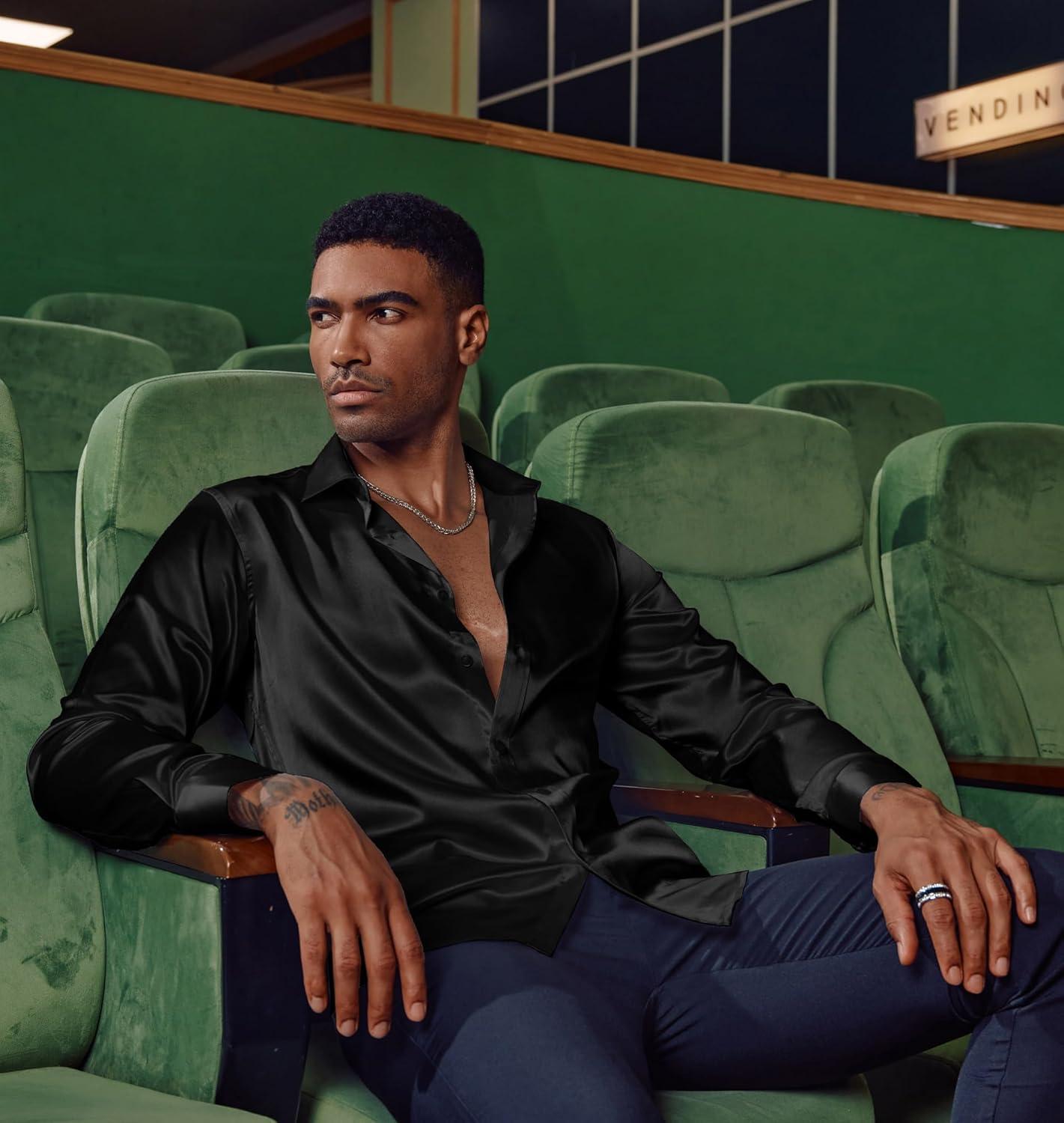 imagePJ PAUL JONES Mens Shiny Satin Dress Shirts Long Sleeve Button Down Silk Shirt with Bow TieBlack