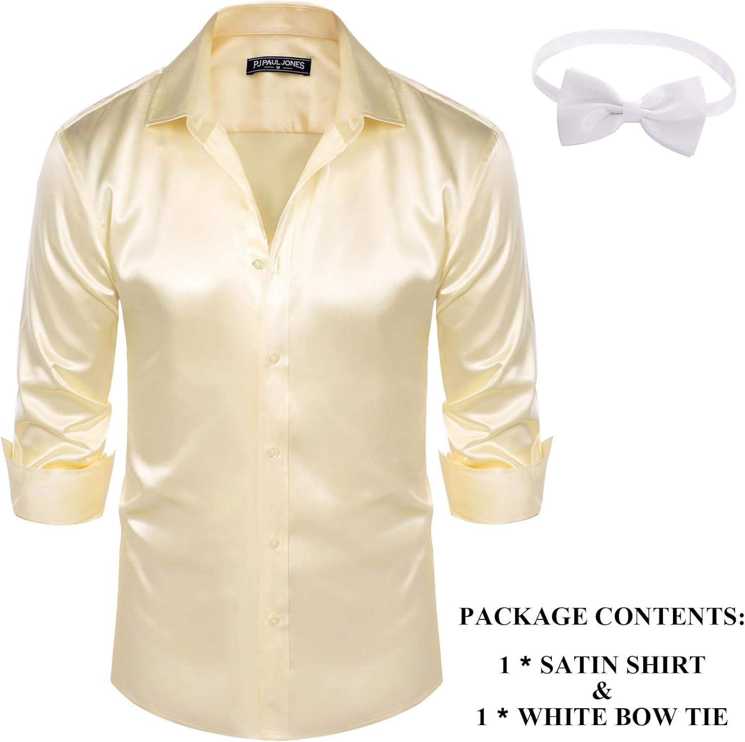 imagePJ PAUL JONES Mens Shiny Satin Dress Shirts Long Sleeve Button Down Silk Shirt with Bow TieChampagne