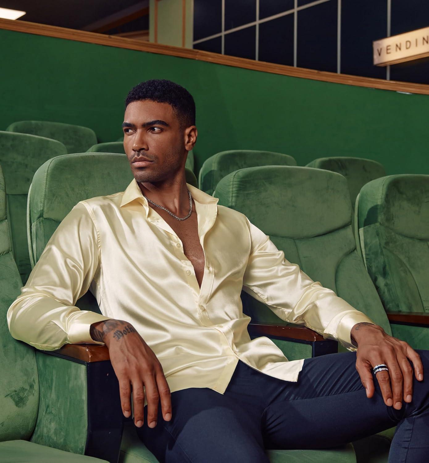 imagePJ PAUL JONES Mens Shiny Satin Dress Shirts Long Sleeve Button Down Silk Shirt with Bow TieChampagne