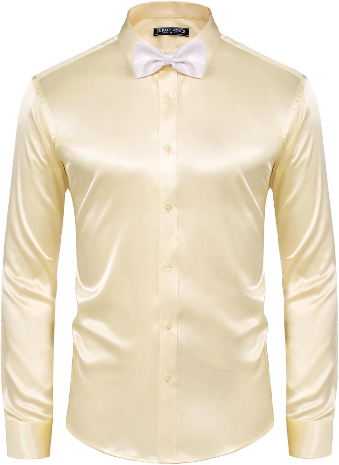 imagePJ PAUL JONES Mens Shiny Satin Dress Shirts Long Sleeve Button Down Silk Shirt with Bow TieChampagne