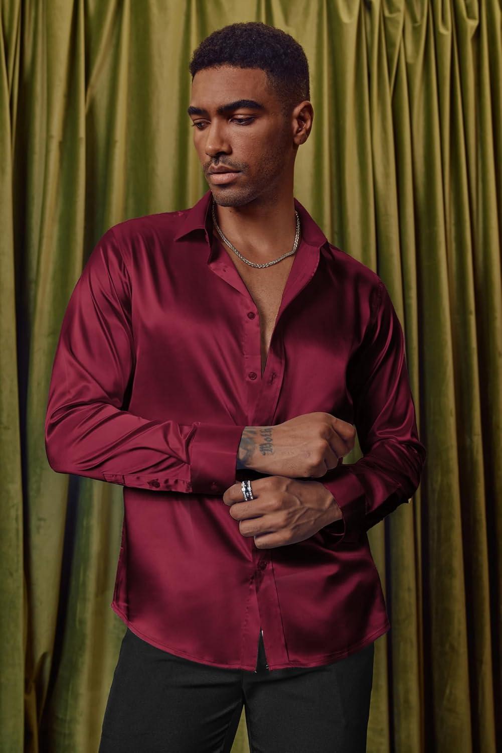 imagePJ PAUL JONES Mens Shiny Satin Dress Shirts Long Sleeve Button Down Silk Shirt with Bow TieDark Red