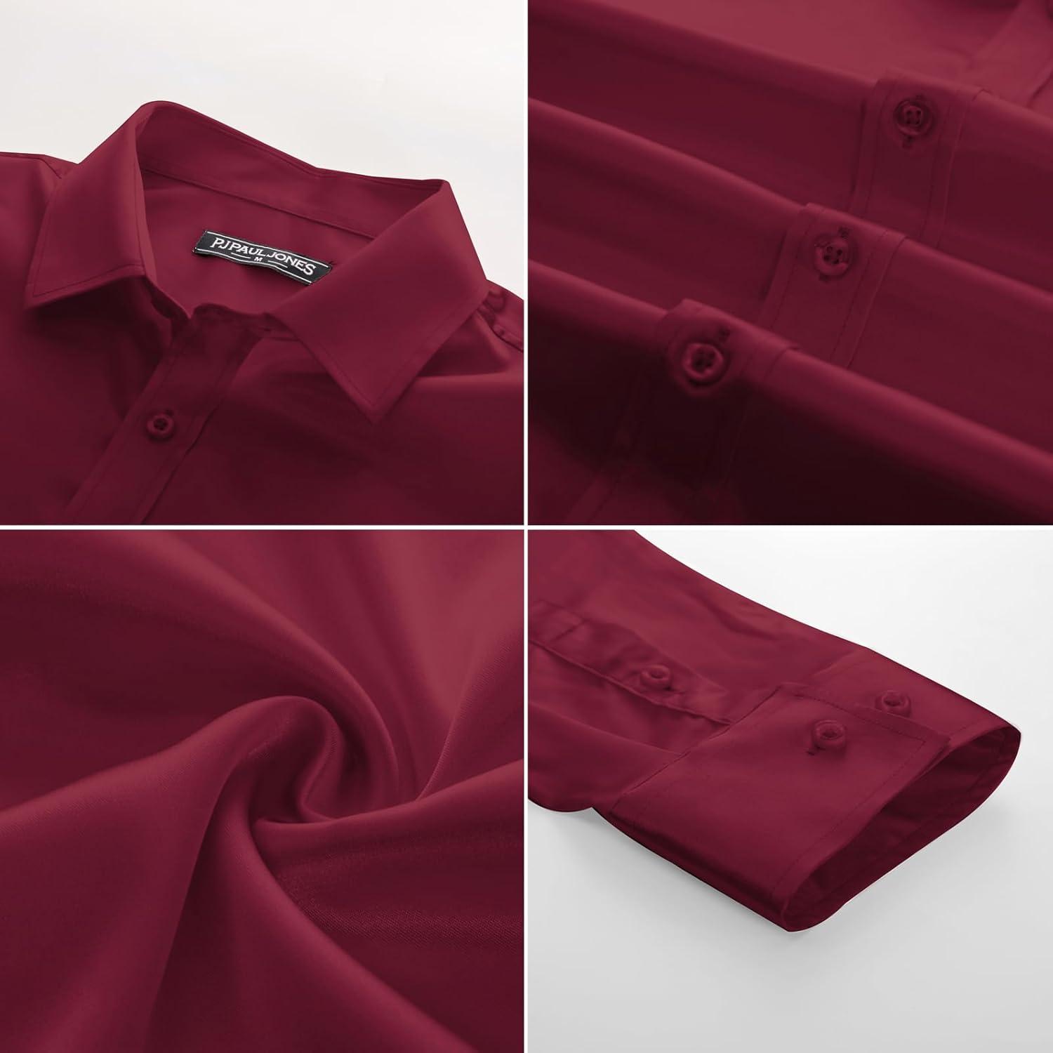 imagePJ PAUL JONES Mens Shiny Satin Dress Shirts Long Sleeve Button Down Silk Shirt with Bow TieDark Red