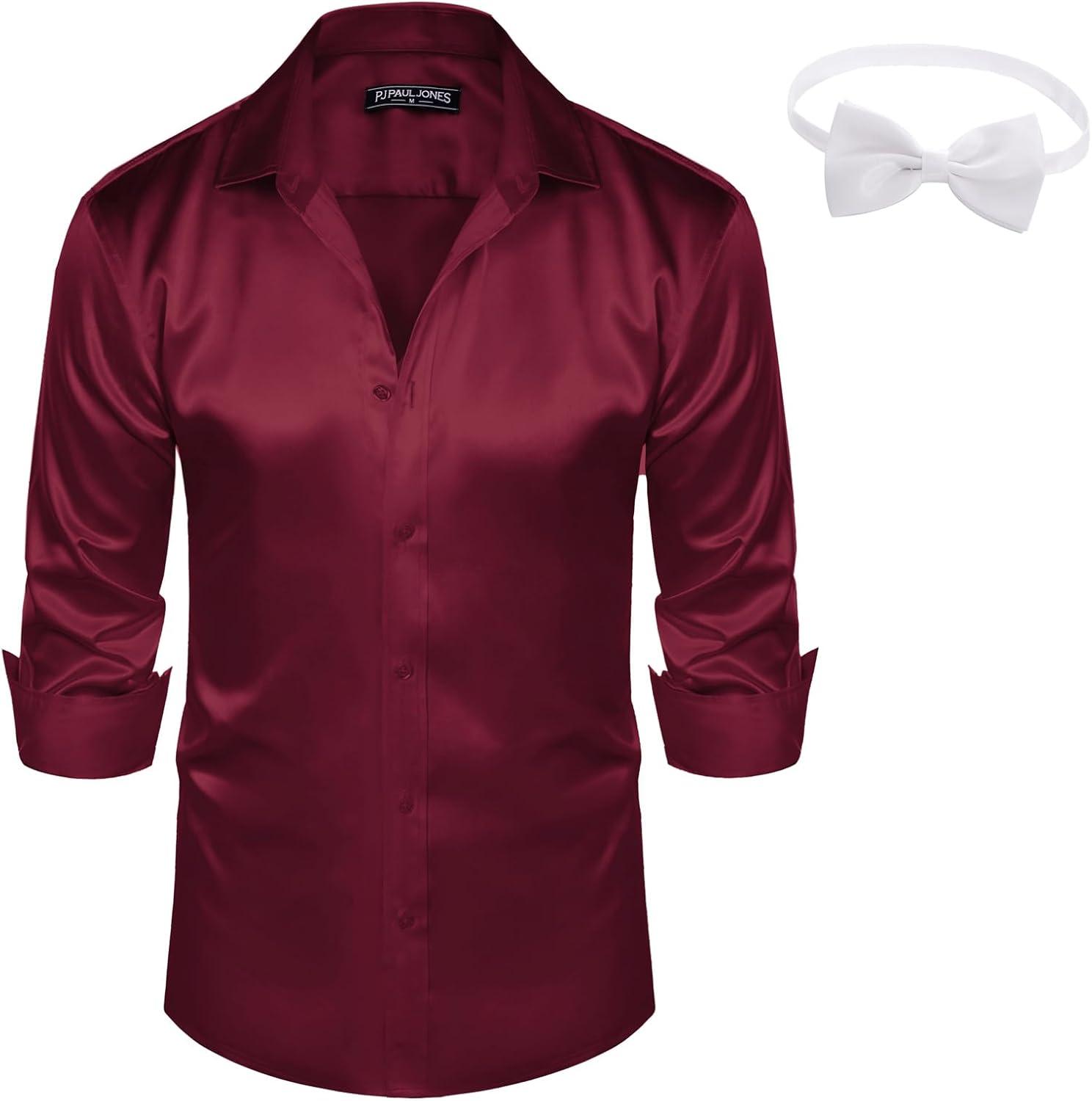 imagePJ PAUL JONES Mens Shiny Satin Dress Shirts Long Sleeve Button Down Silk Shirt with Bow TieDark Red
