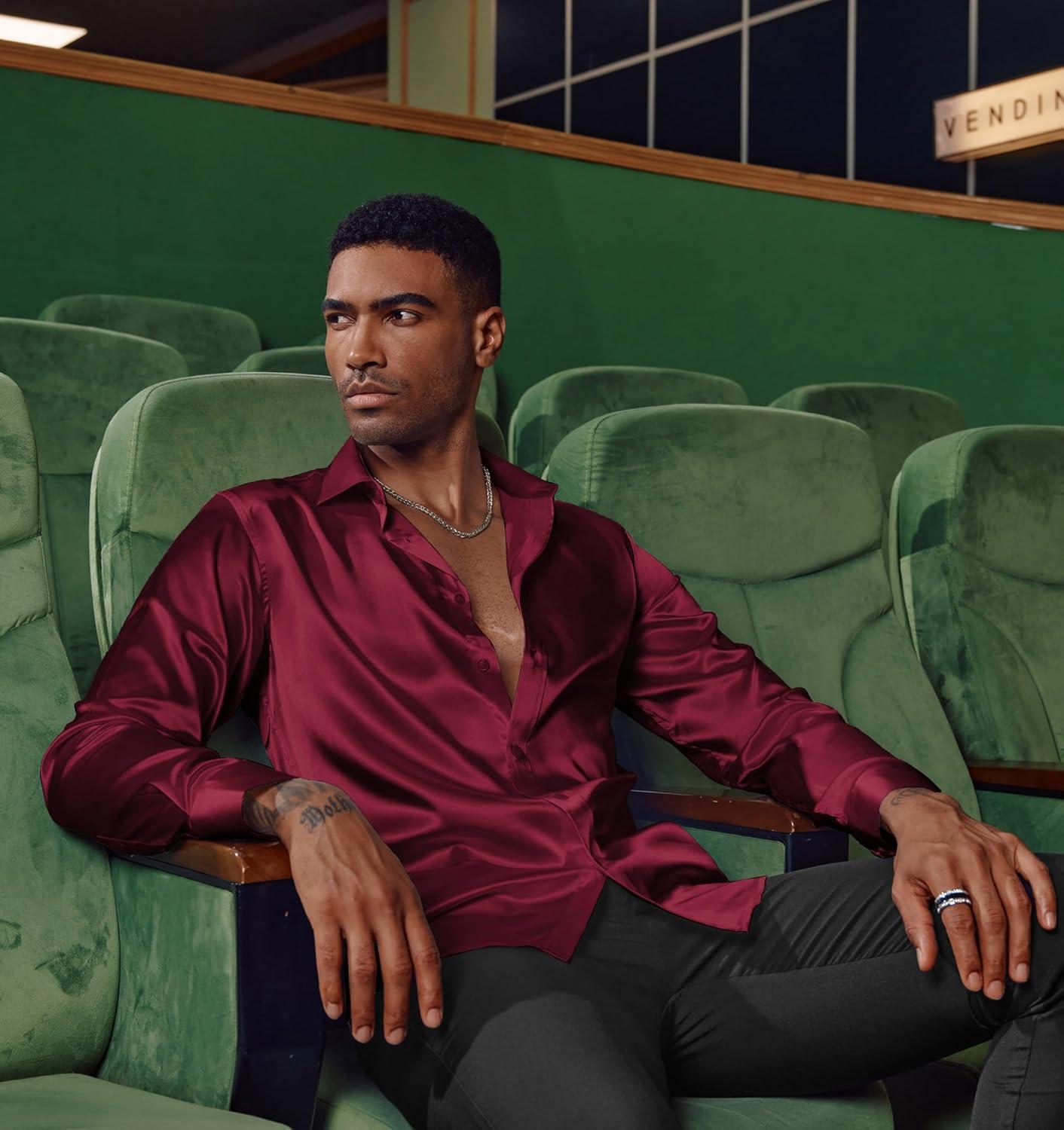 imagePJ PAUL JONES Mens Shiny Satin Dress Shirts Long Sleeve Button Down Silk Shirt with Bow TieDark Red