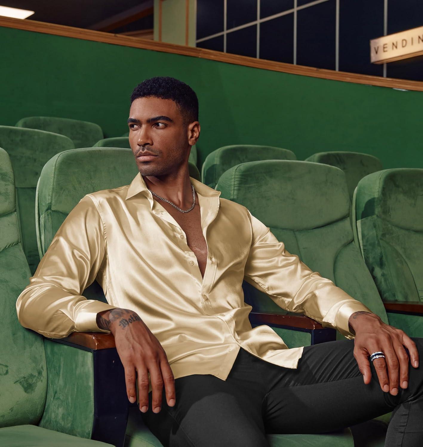 imagePJ PAUL JONES Mens Shiny Satin Dress Shirts Long Sleeve Button Down Silk Shirt with Bow TieGold