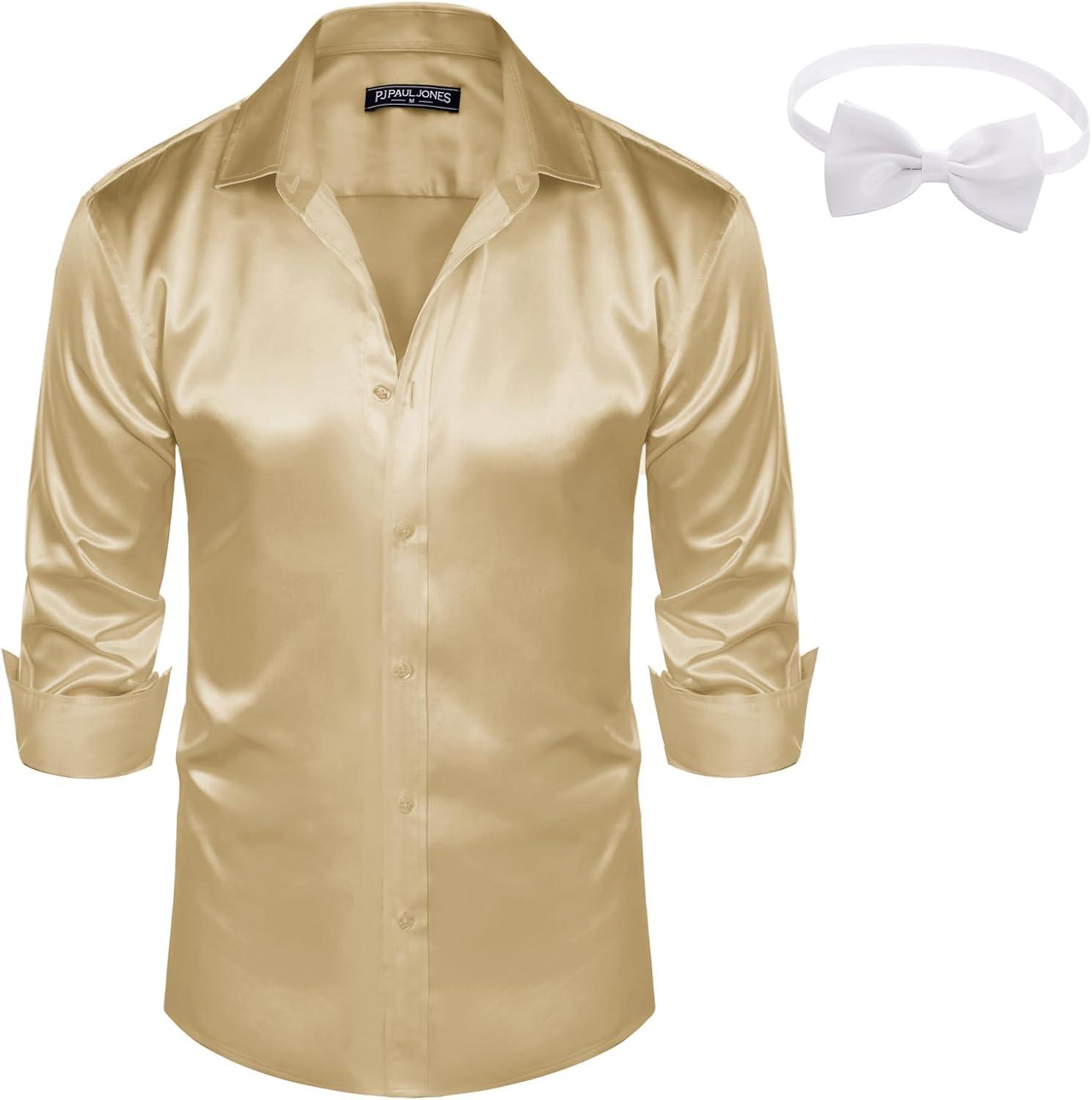 imagePJ PAUL JONES Mens Shiny Satin Dress Shirts Long Sleeve Button Down Silk Shirt with Bow TieGold