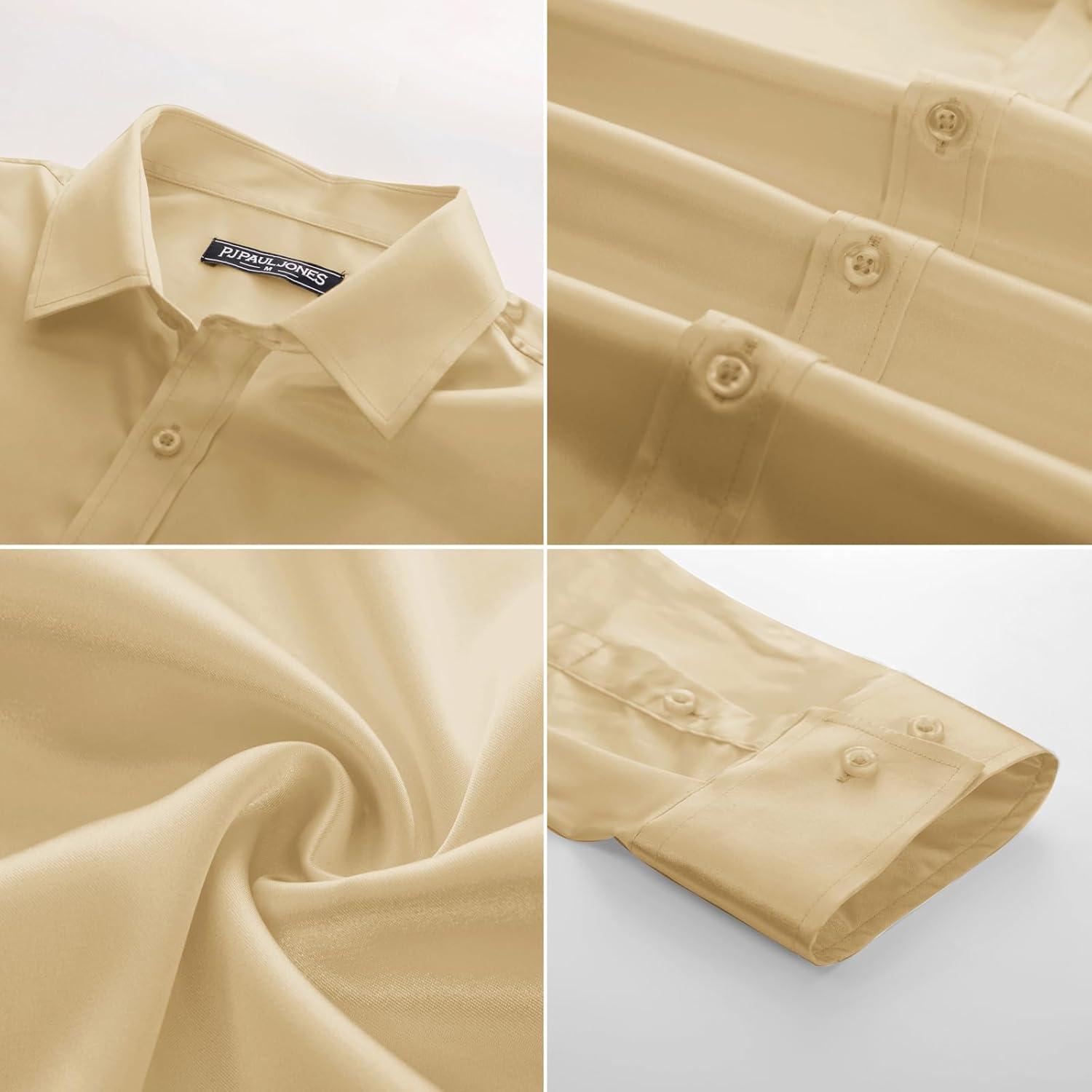 imagePJ PAUL JONES Mens Shiny Satin Dress Shirts Long Sleeve Button Down Silk Shirt with Bow TieGold