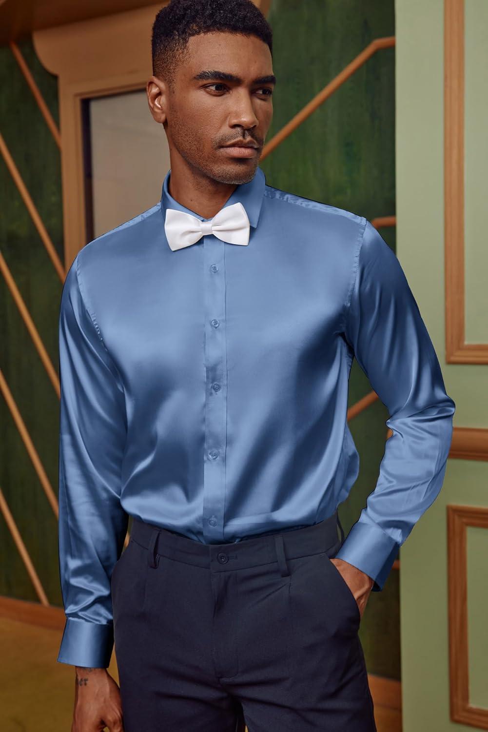 imagePJ PAUL JONES Mens Shiny Satin Dress Shirts Long Sleeve Button Down Silk Shirt with Bow TieLight Blue