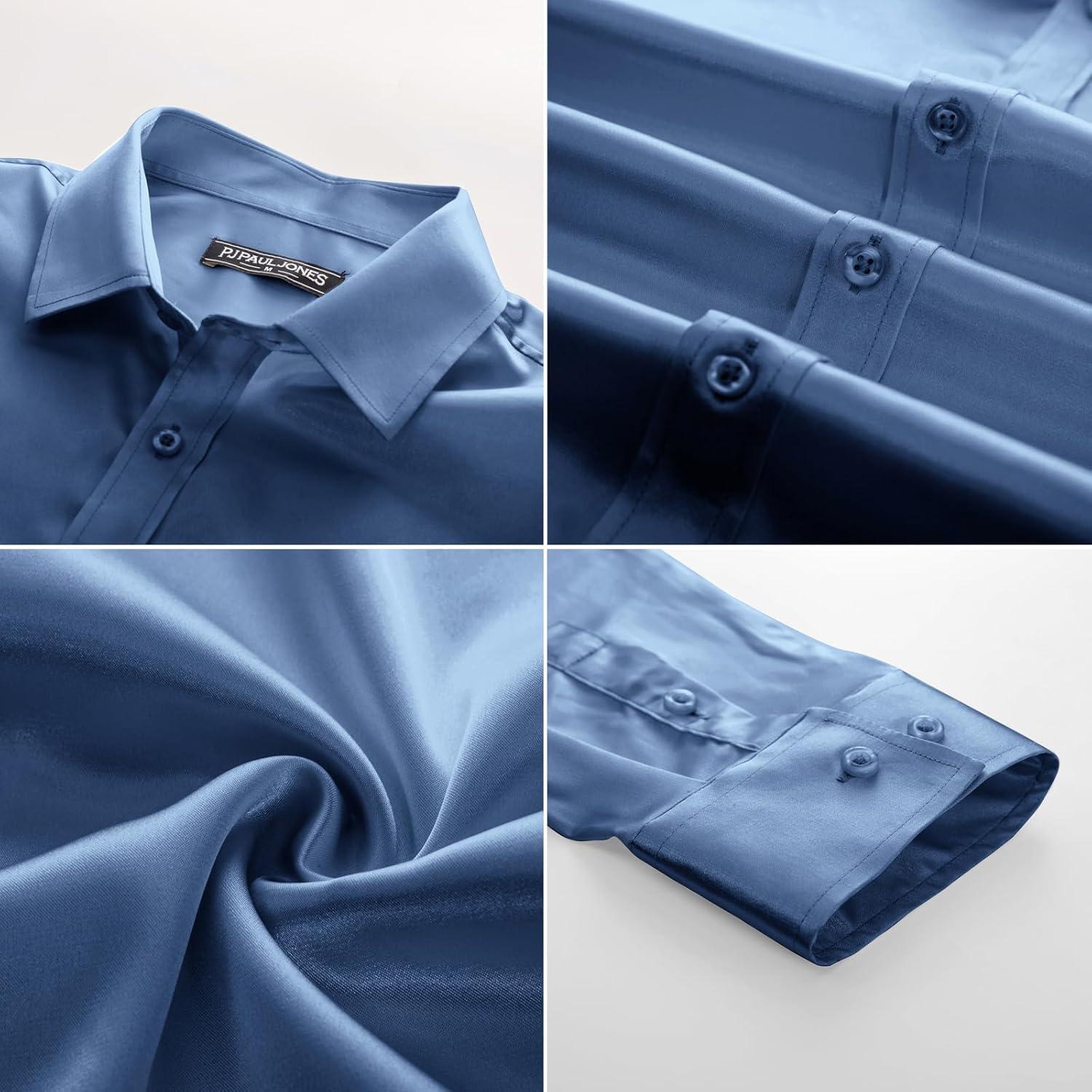 imagePJ PAUL JONES Mens Shiny Satin Dress Shirts Long Sleeve Button Down Silk Shirt with Bow TieLight Blue