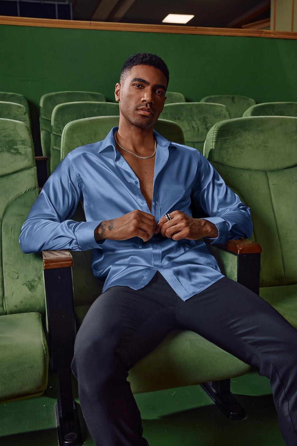 imagePJ PAUL JONES Mens Shiny Satin Dress Shirts Long Sleeve Button Down Silk Shirt with Bow TieLight Blue