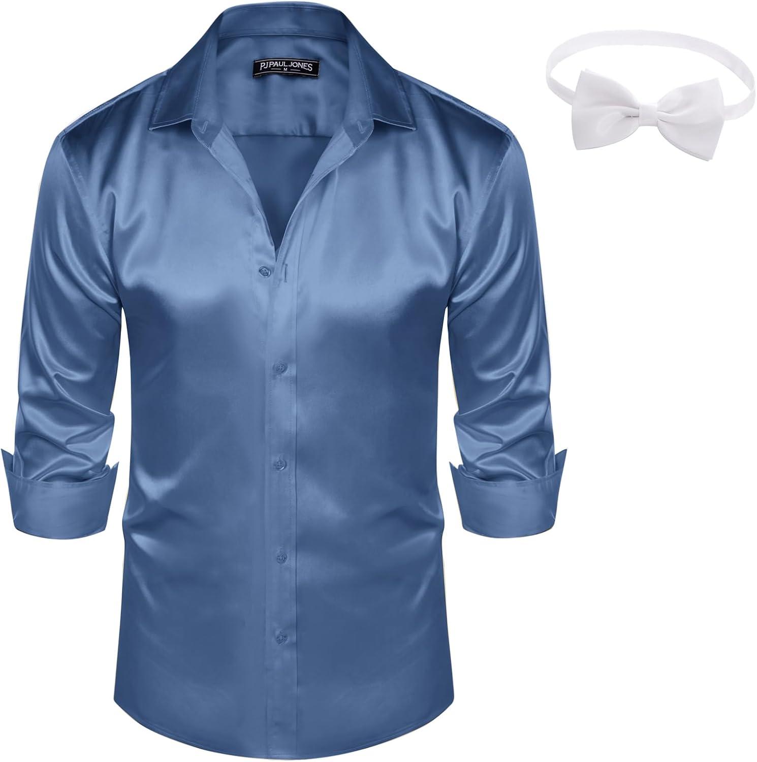 imagePJ PAUL JONES Mens Shiny Satin Dress Shirts Long Sleeve Button Down Silk Shirt with Bow TieLight Blue