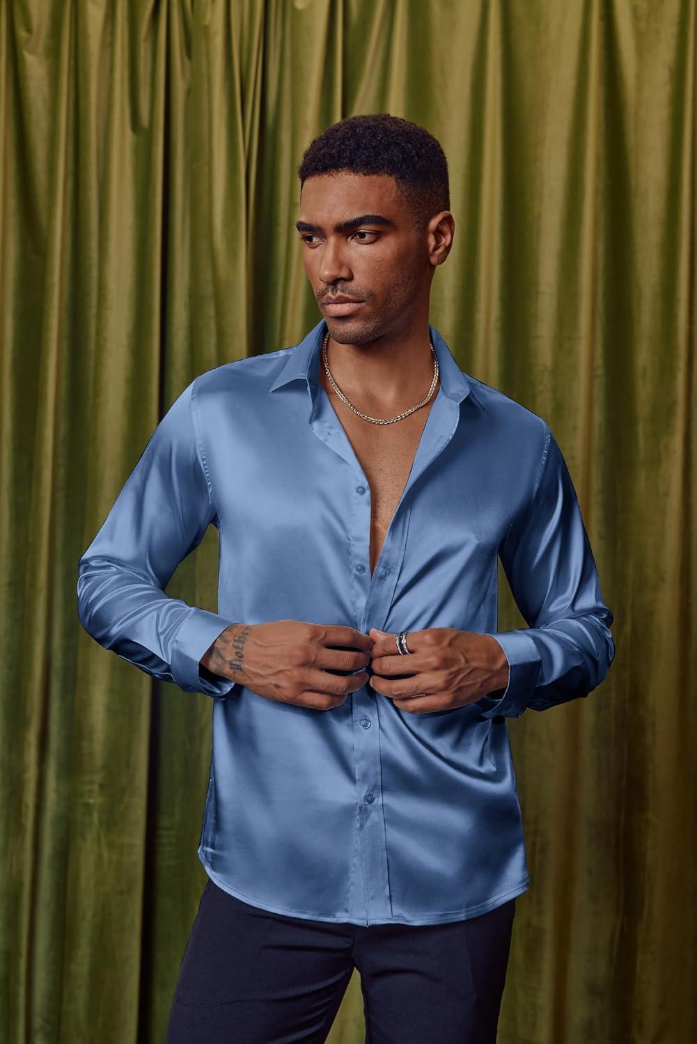 imagePJ PAUL JONES Mens Shiny Satin Dress Shirts Long Sleeve Button Down Silk Shirt with Bow TieLight Blue