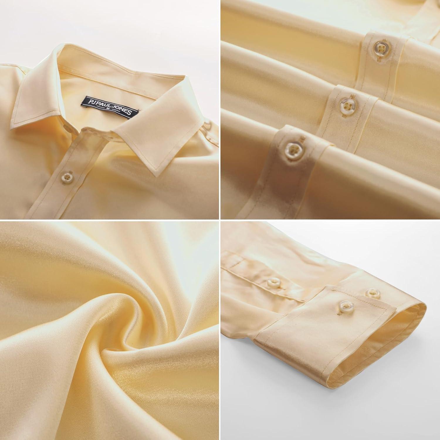 imagePJ PAUL JONES Mens Shiny Satin Dress Shirts Long Sleeve Button Down Silk Shirt with Bow TieLight Champagne