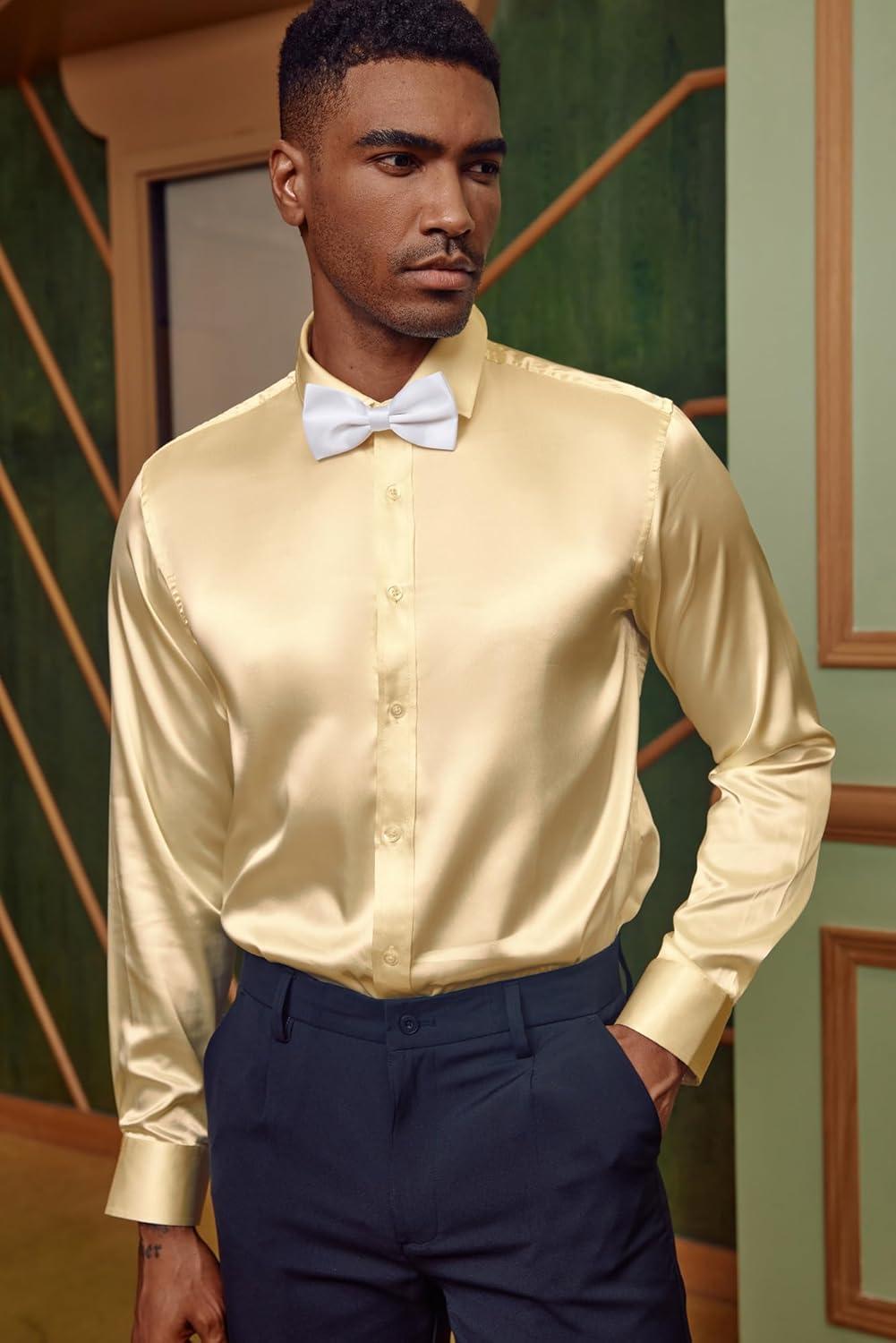 imagePJ PAUL JONES Mens Shiny Satin Dress Shirts Long Sleeve Button Down Silk Shirt with Bow TieLight Champagne