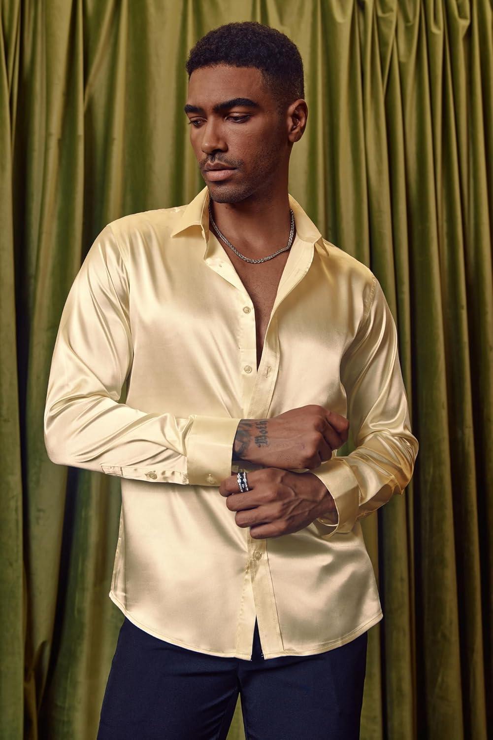 imagePJ PAUL JONES Mens Shiny Satin Dress Shirts Long Sleeve Button Down Silk Shirt with Bow TieLight Champagne