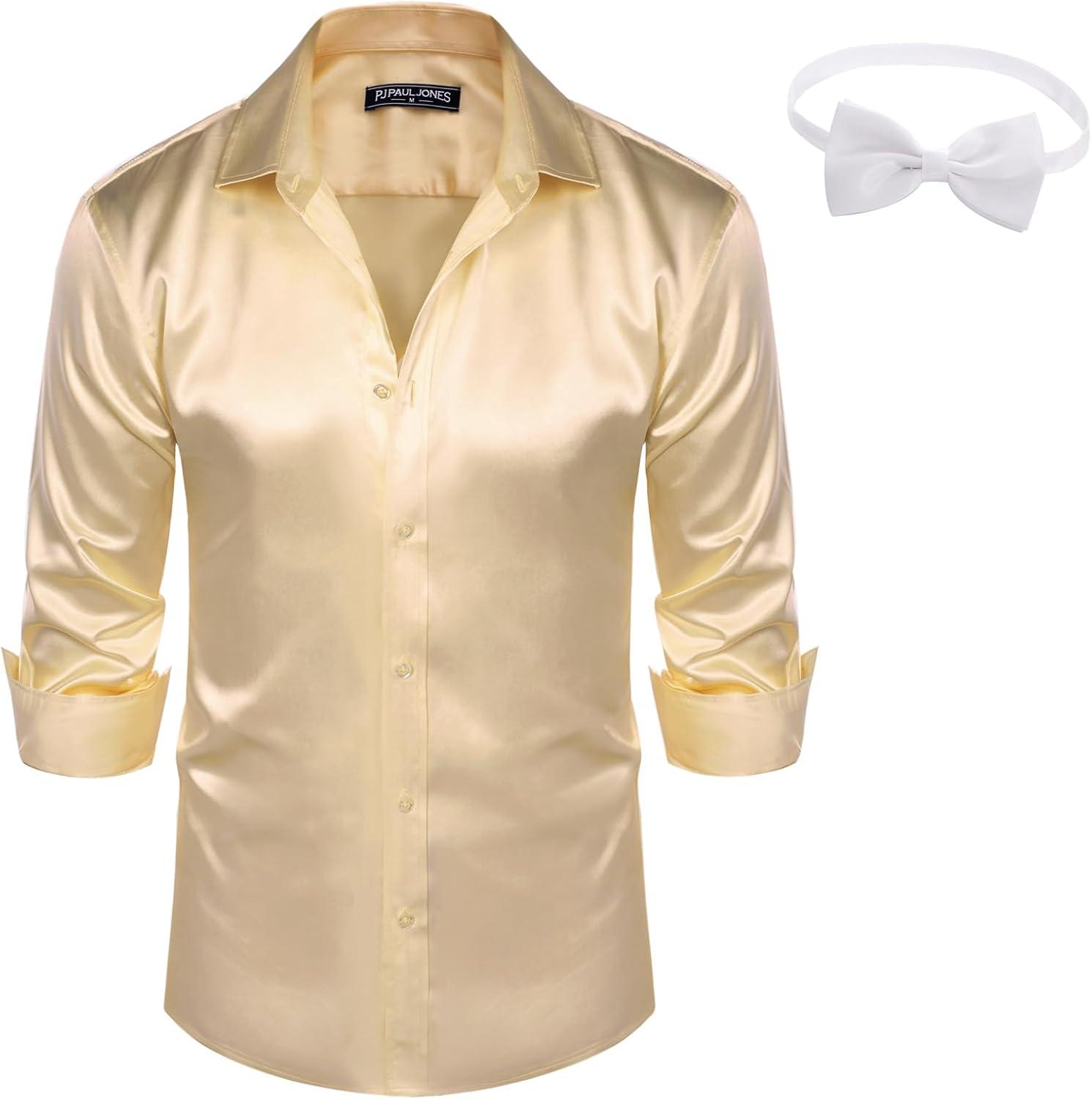 imagePJ PAUL JONES Mens Shiny Satin Dress Shirts Long Sleeve Button Down Silk Shirt with Bow TieLight Champagne