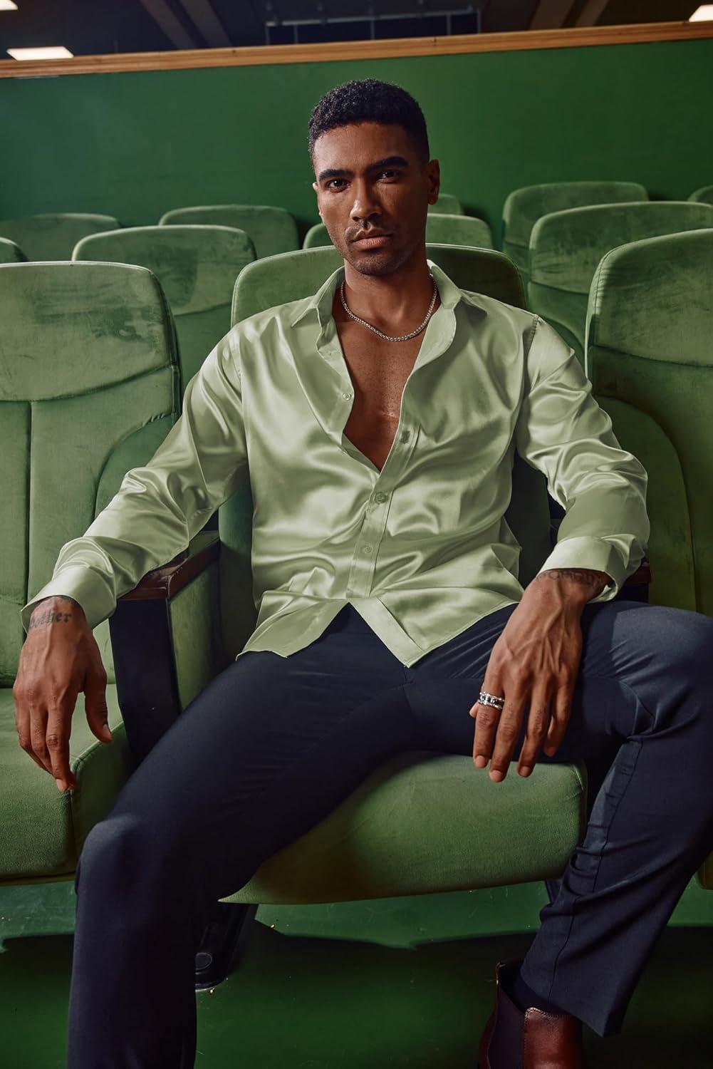 imagePJ PAUL JONES Mens Shiny Satin Dress Shirts Long Sleeve Button Down Silk Shirt with Bow TieLight Green