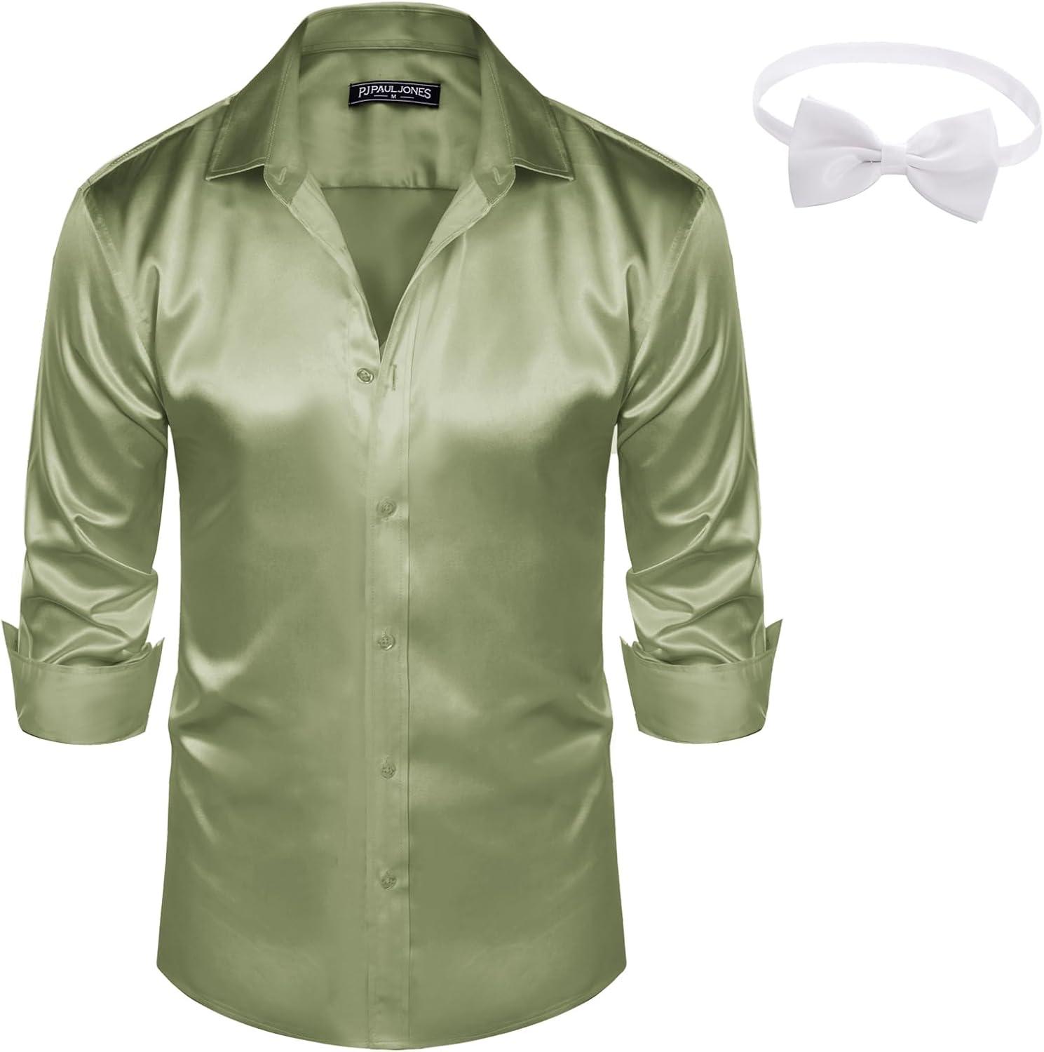 imagePJ PAUL JONES Mens Shiny Satin Dress Shirts Long Sleeve Button Down Silk Shirt with Bow TieLight Green