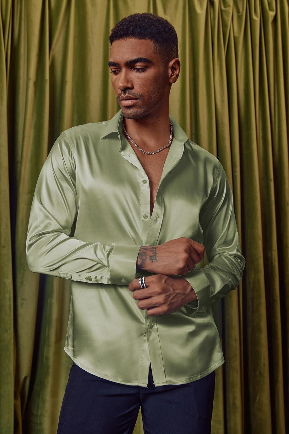 imagePJ PAUL JONES Mens Shiny Satin Dress Shirts Long Sleeve Button Down Silk Shirt with Bow TieLight Green