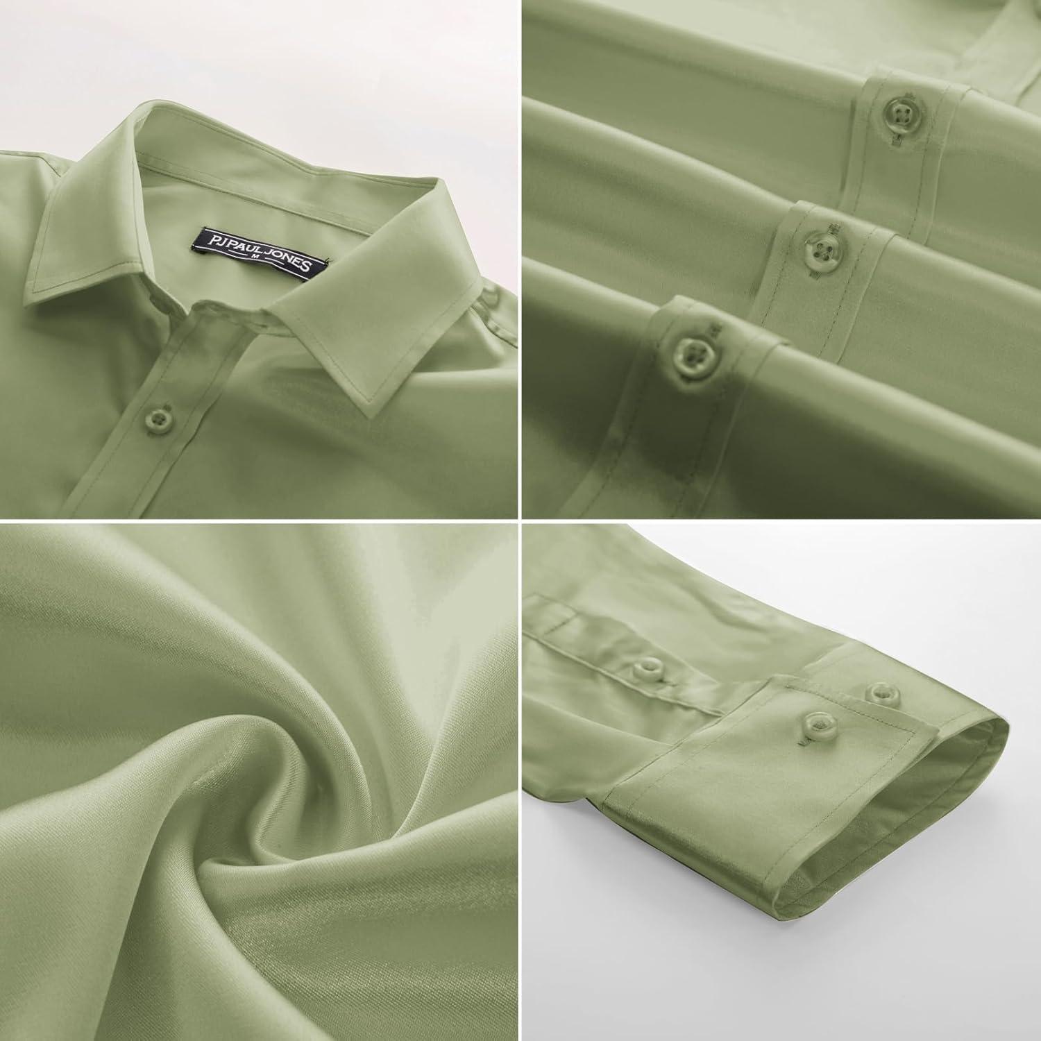 imagePJ PAUL JONES Mens Shiny Satin Dress Shirts Long Sleeve Button Down Silk Shirt with Bow TieLight Green