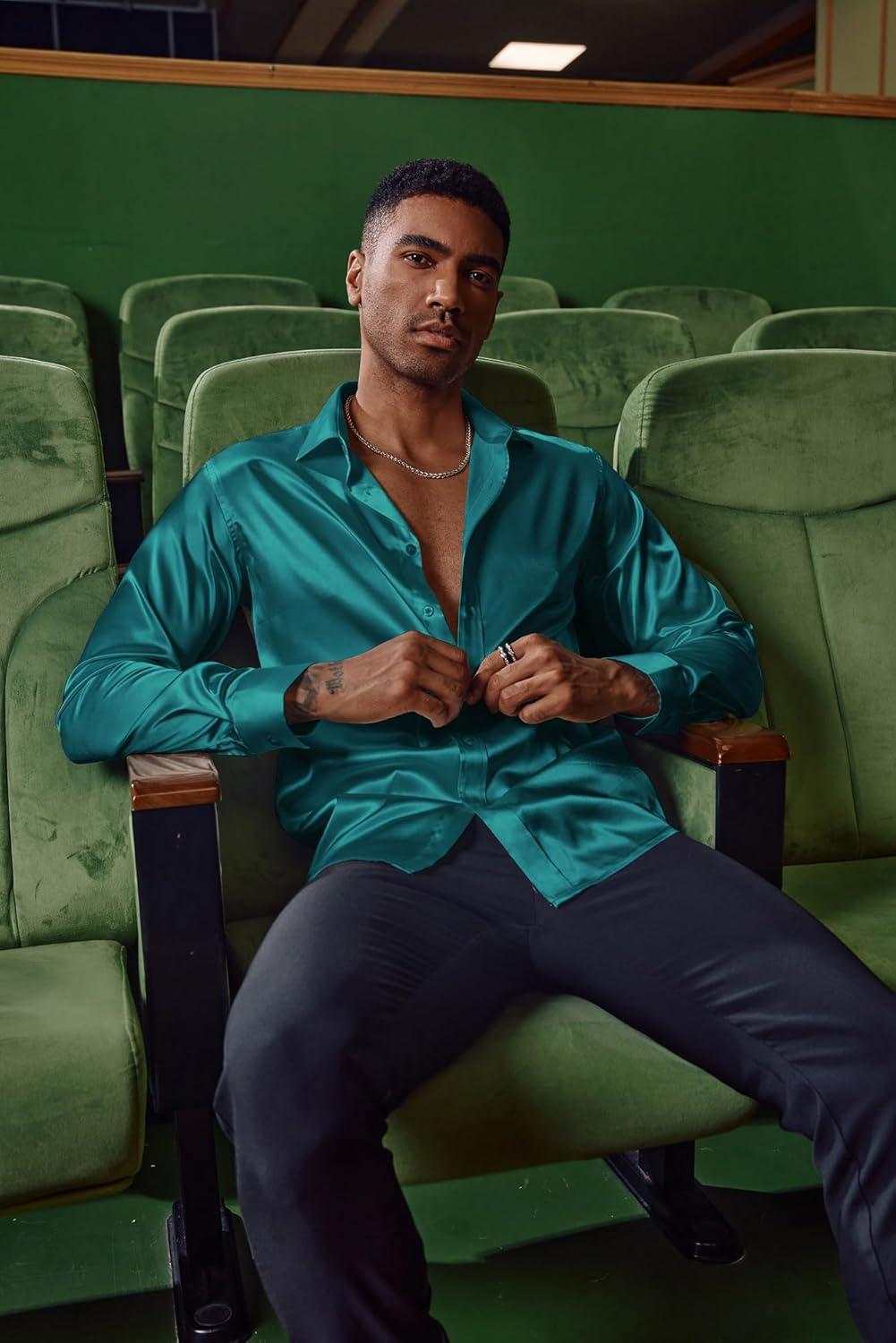 imagePJ PAUL JONES Mens Shiny Satin Dress Shirts Long Sleeve Button Down Silk Shirt with Bow TieMalachite Green