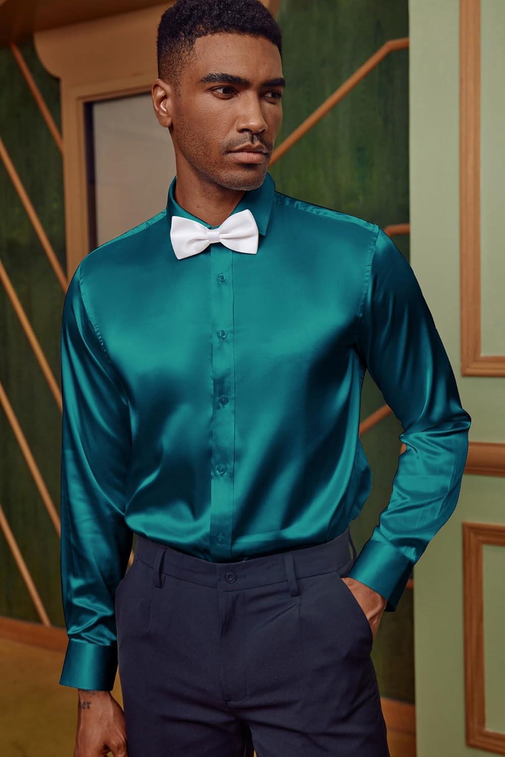 imagePJ PAUL JONES Mens Shiny Satin Dress Shirts Long Sleeve Button Down Silk Shirt with Bow TieMalachite Green