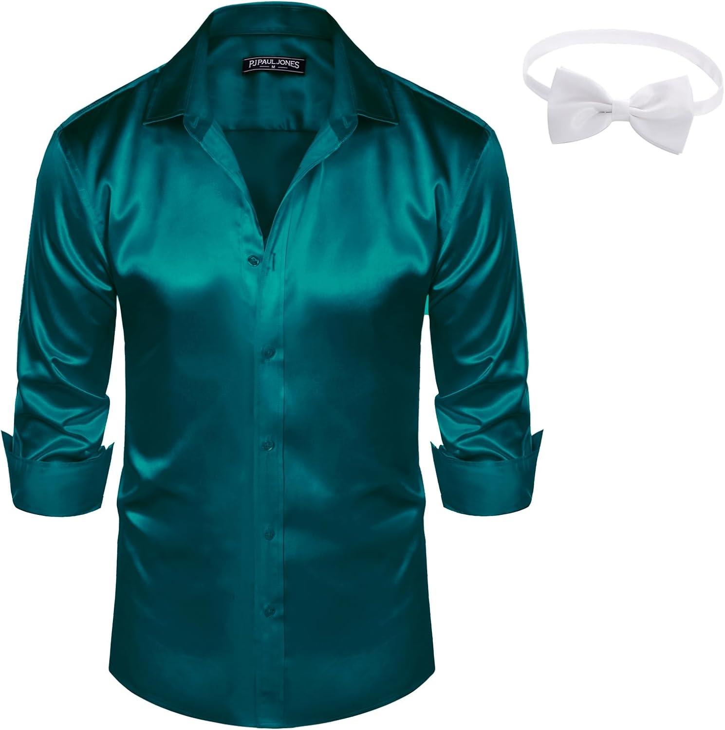 imagePJ PAUL JONES Mens Shiny Satin Dress Shirts Long Sleeve Button Down Silk Shirt with Bow TieMalachite Green