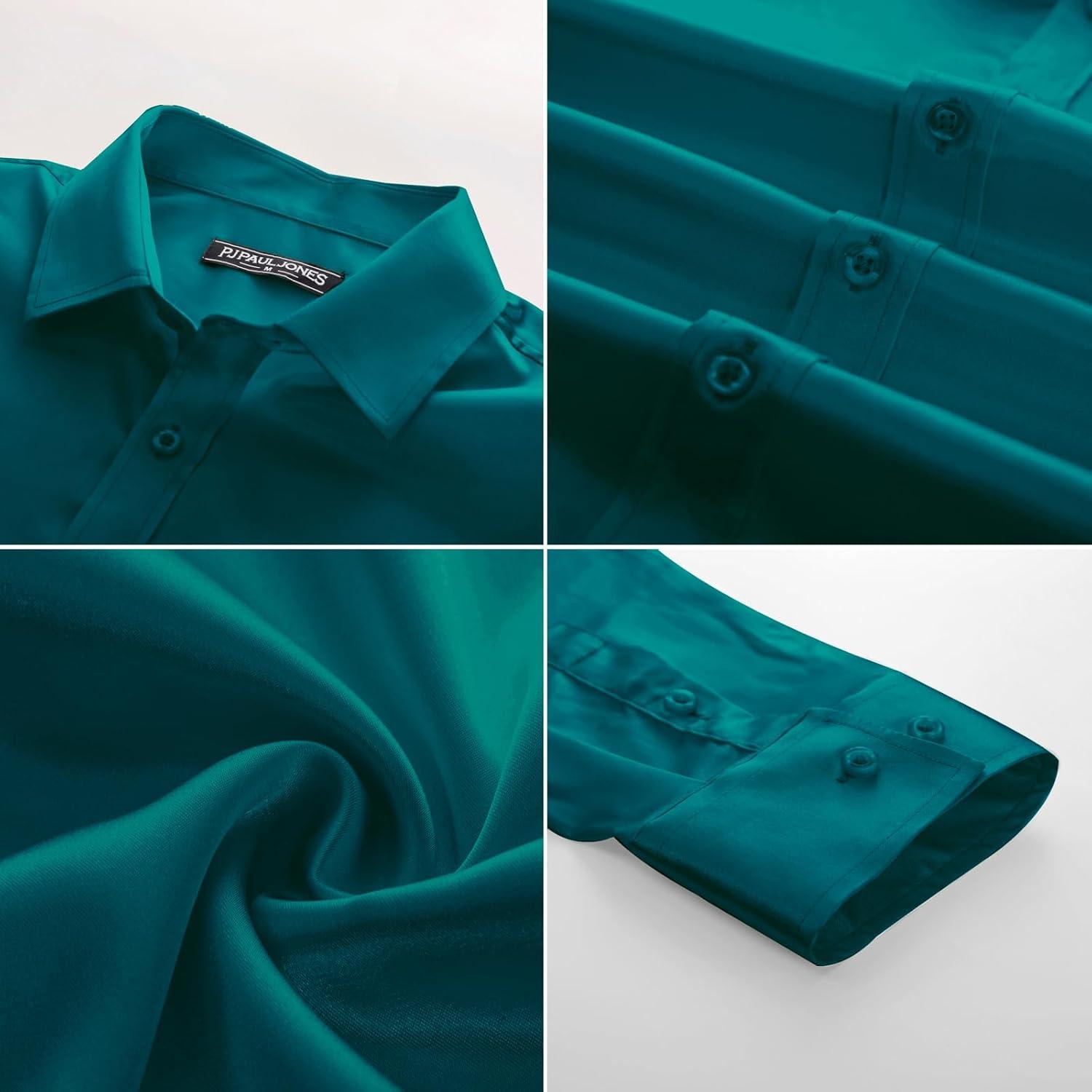 imagePJ PAUL JONES Mens Shiny Satin Dress Shirts Long Sleeve Button Down Silk Shirt with Bow TieMalachite Green