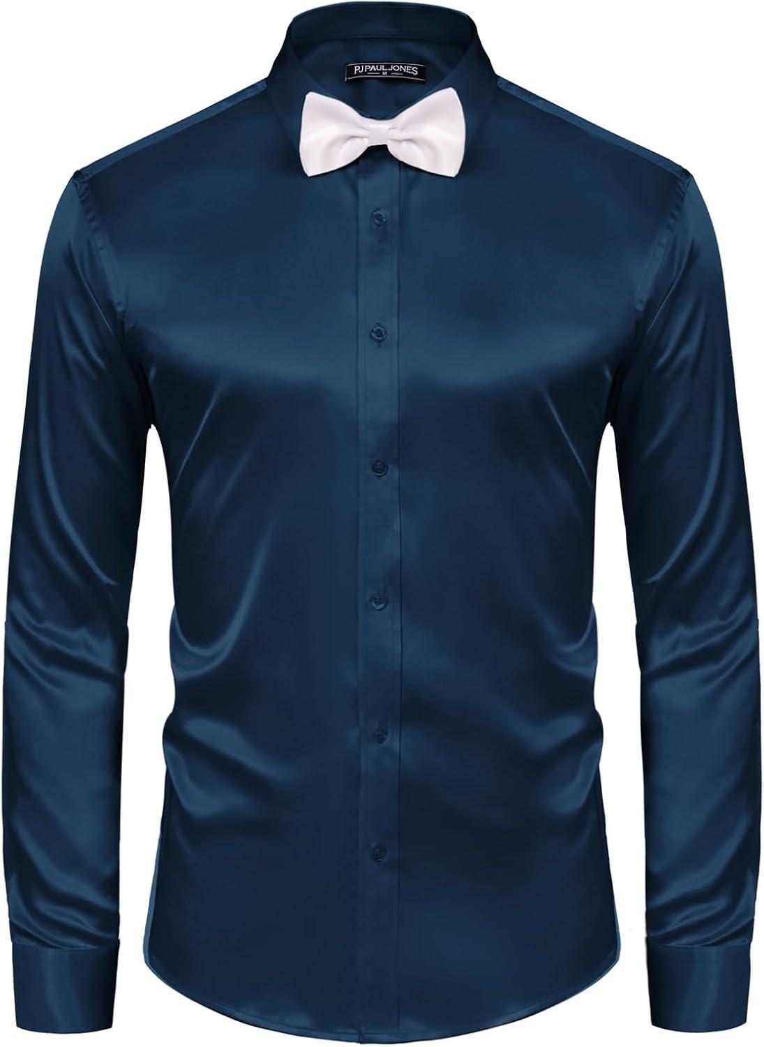 imagePJ PAUL JONES Mens Shiny Satin Dress Shirts Long Sleeve Button Down Silk Shirt with Bow TieNavy Blue