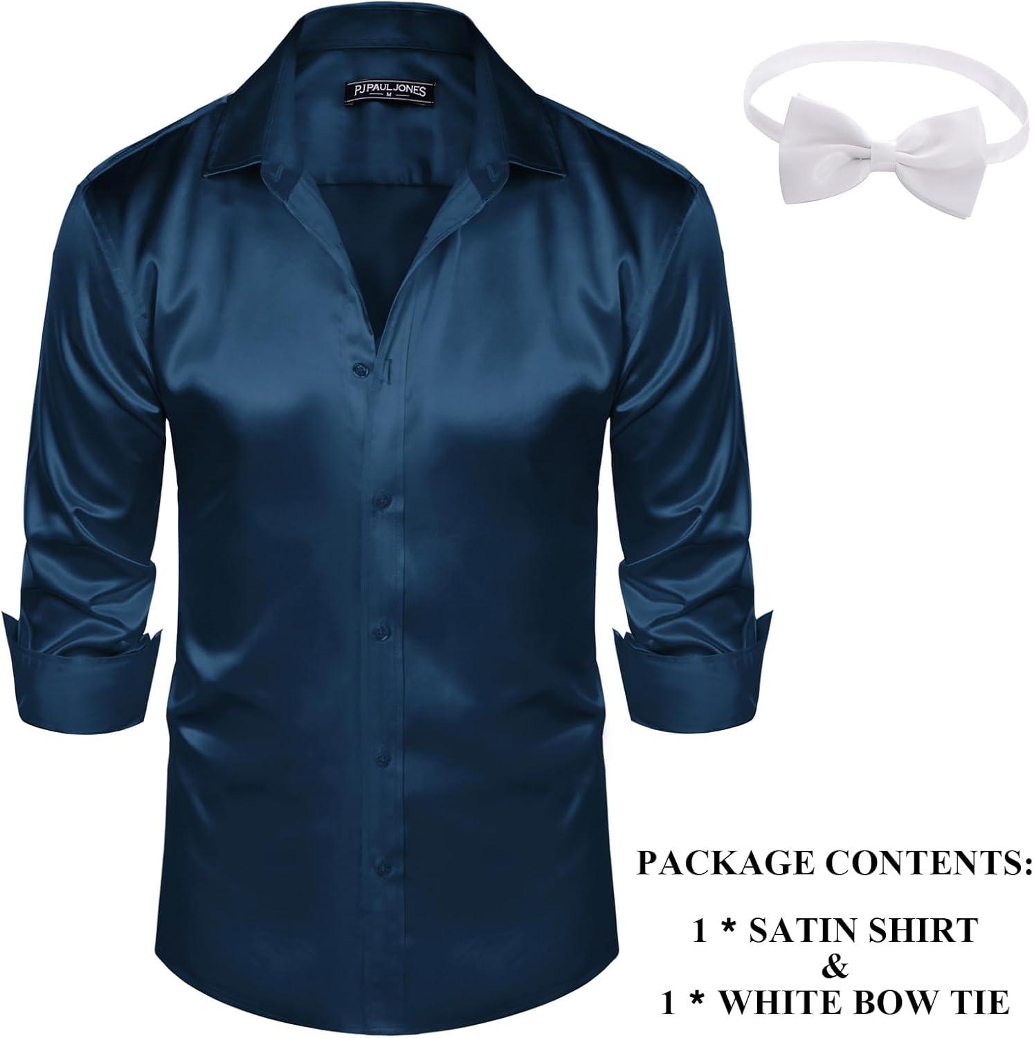 imagePJ PAUL JONES Mens Shiny Satin Dress Shirts Long Sleeve Button Down Silk Shirt with Bow TieNavy Blue