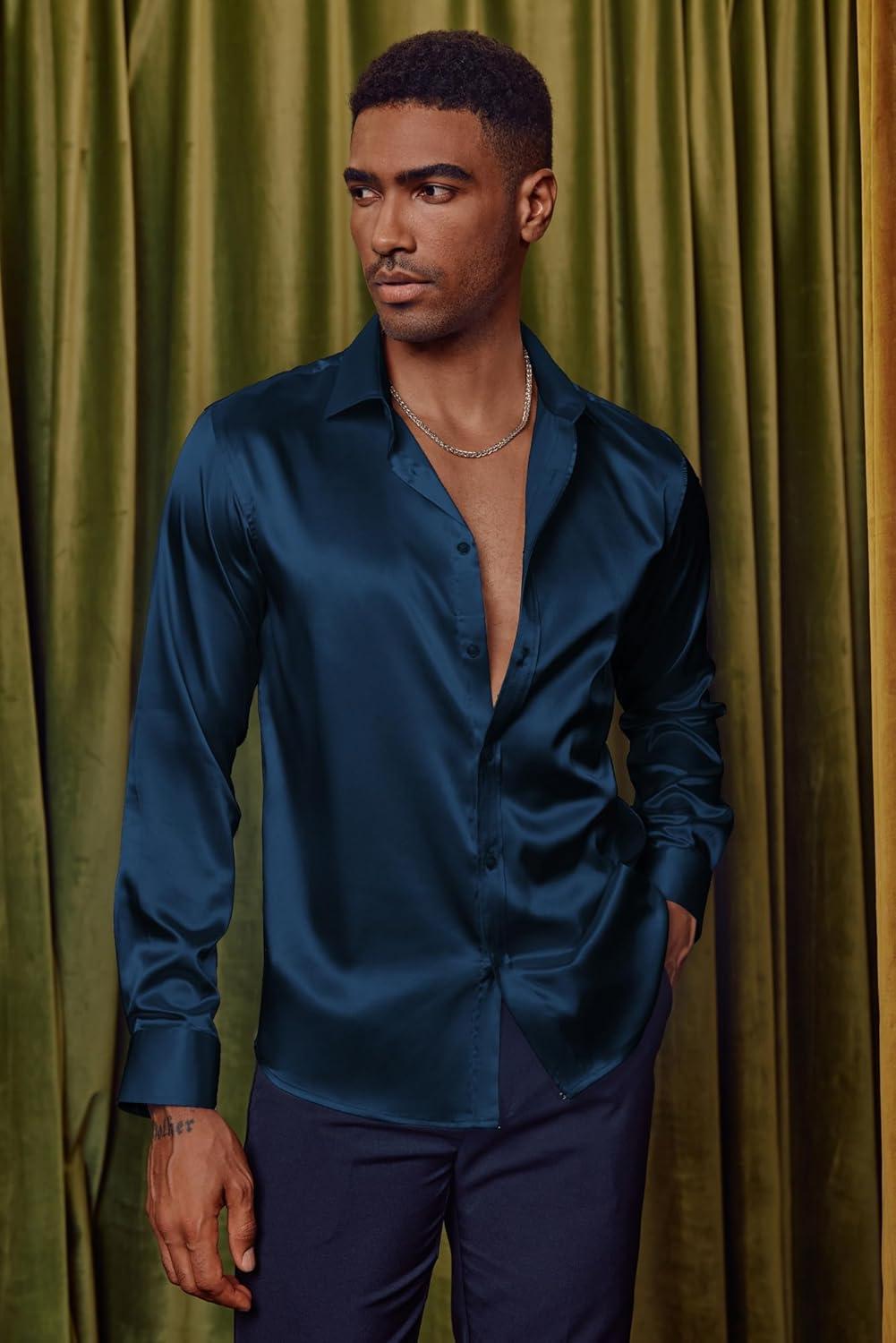 imagePJ PAUL JONES Mens Shiny Satin Dress Shirts Long Sleeve Button Down Silk Shirt with Bow TieNavy Blue