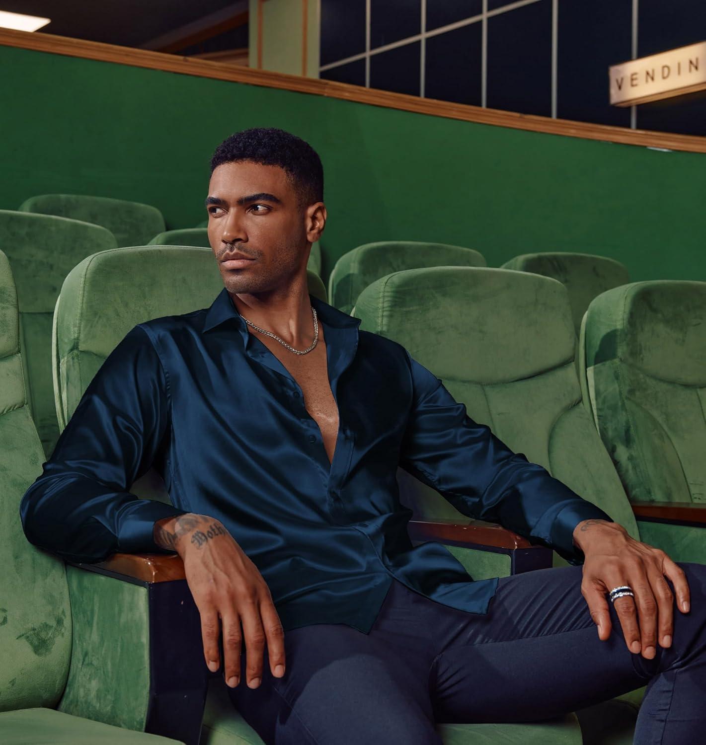 imagePJ PAUL JONES Mens Shiny Satin Dress Shirts Long Sleeve Button Down Silk Shirt with Bow TieNavy Blue