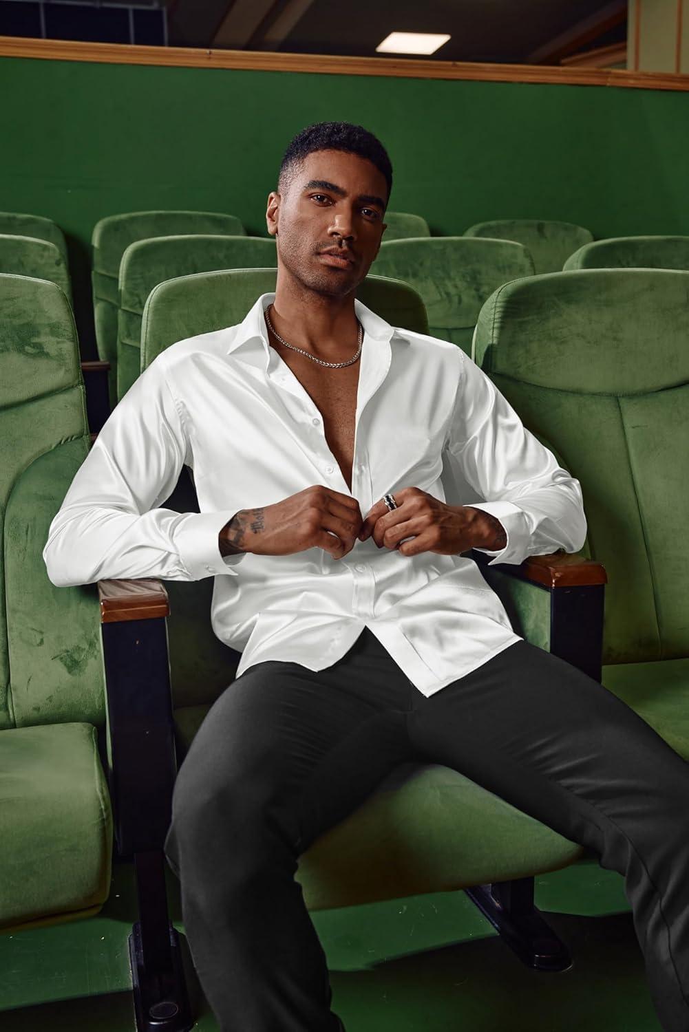 imagePJ PAUL JONES Mens Shiny Satin Dress Shirts Long Sleeve Button Down Silk Shirt with Bow TieWhite