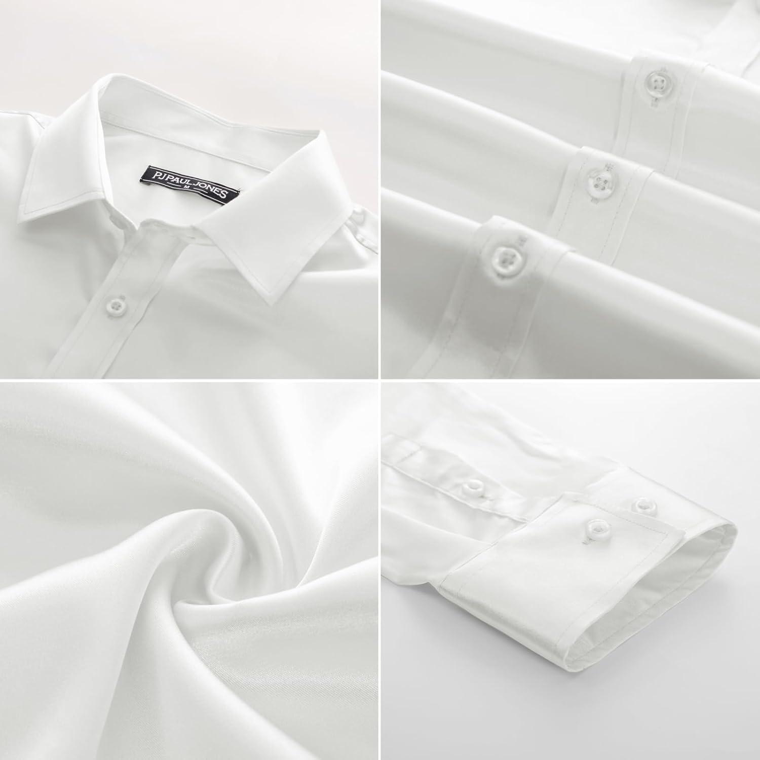 imagePJ PAUL JONES Mens Shiny Satin Dress Shirts Long Sleeve Button Down Silk Shirt with Bow TieWhite
