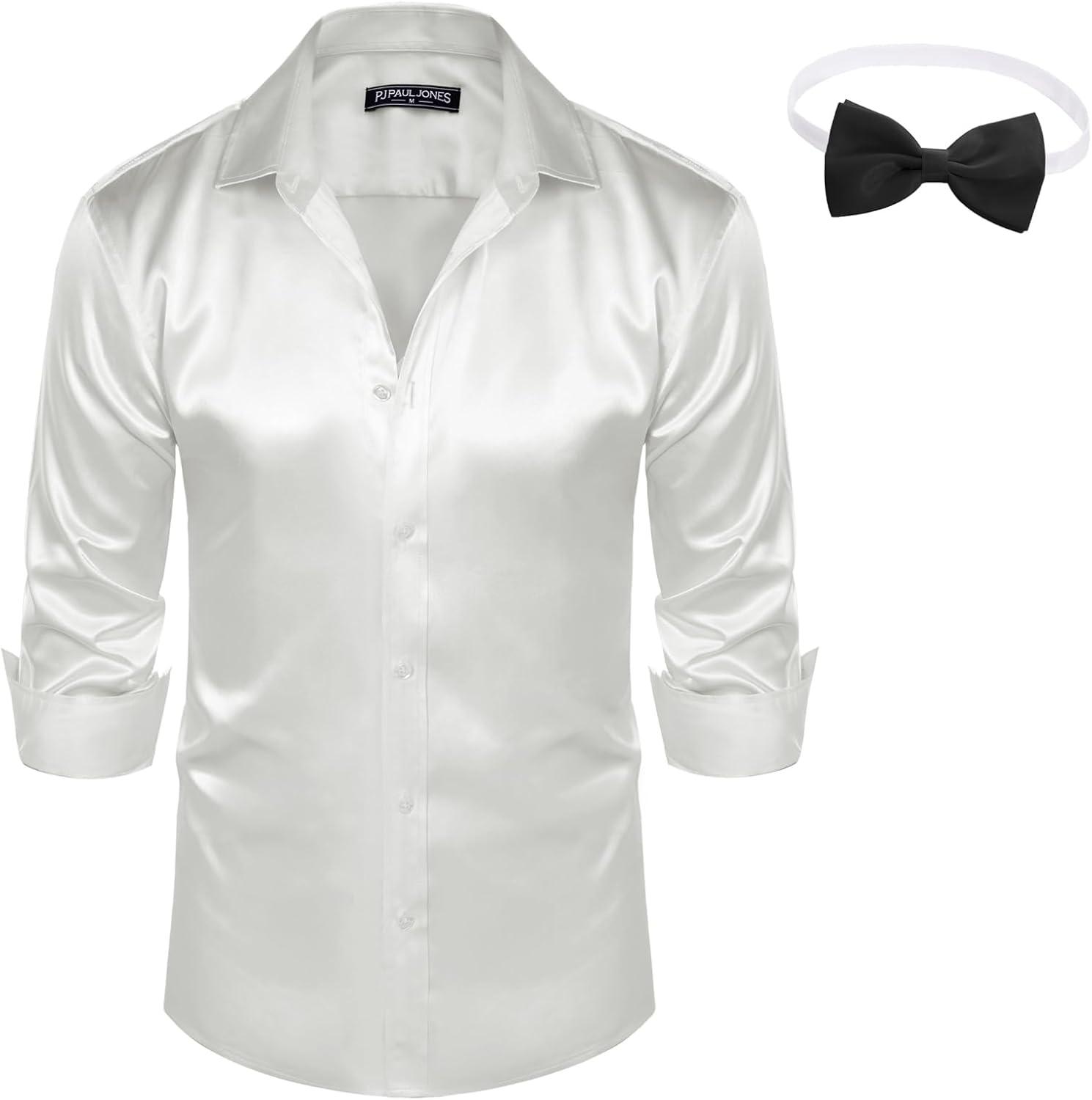 imagePJ PAUL JONES Mens Shiny Satin Dress Shirts Long Sleeve Button Down Silk Shirt with Bow TieWhite