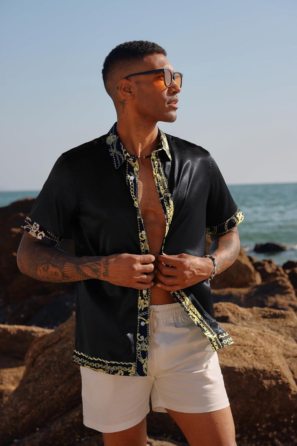 imagePJ PAUL JONES Mens Short Sleeve Button Down Shirts Casual Stretch Satin Silk Hawaiian Beach ShirtBlack