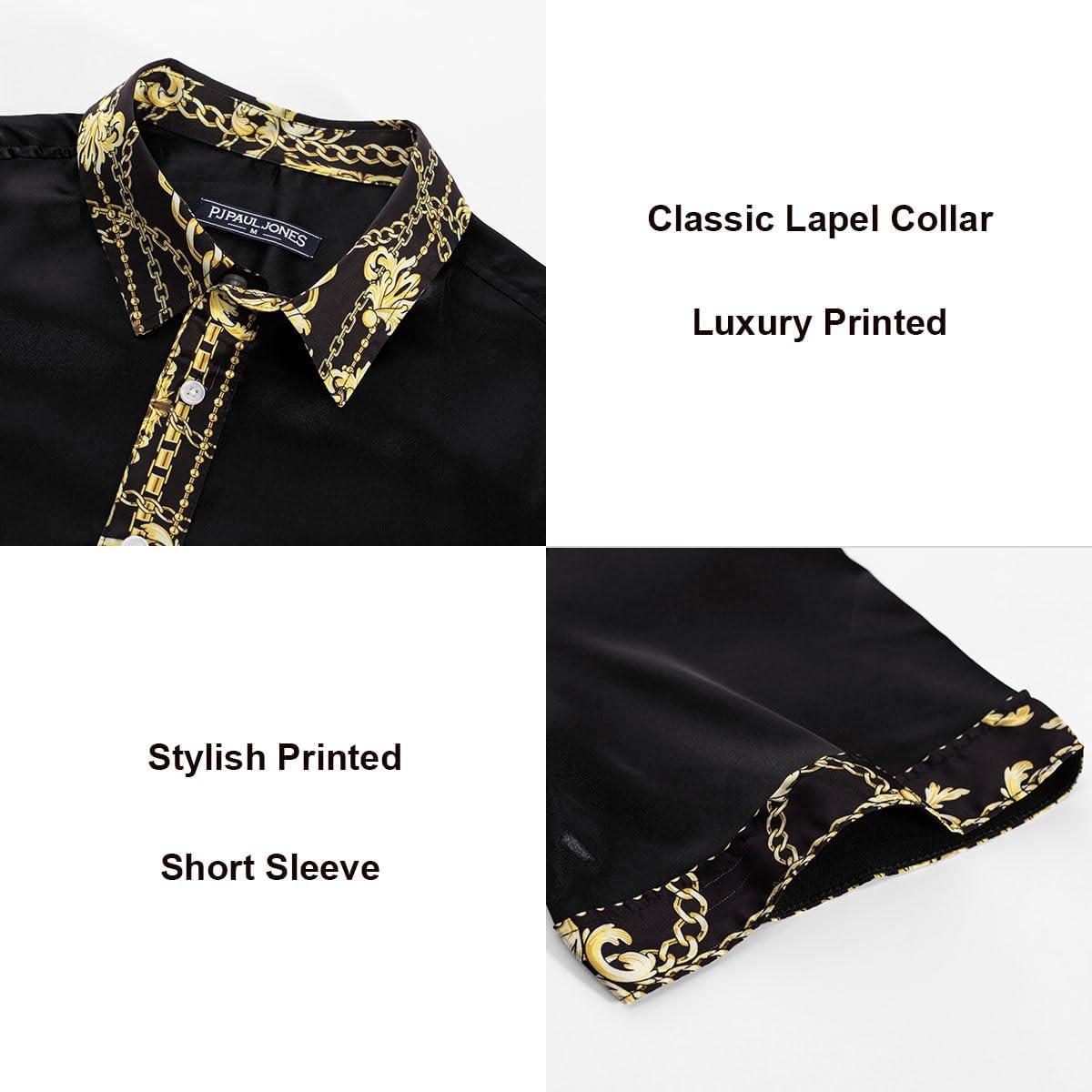 imagePJ PAUL JONES Mens Short Sleeve Button Down Shirts Casual Stretch Satin Silk Hawaiian Beach ShirtBlack