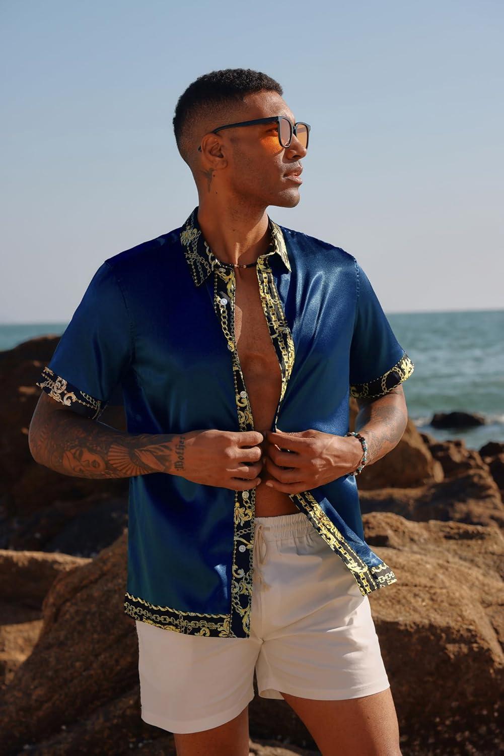 imagePJ PAUL JONES Mens Short Sleeve Button Down Shirts Casual Stretch Satin Silk Hawaiian Beach ShirtNavy Blue