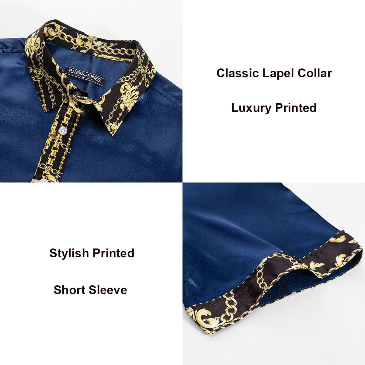 imagePJ PAUL JONES Mens Short Sleeve Button Down Shirts Casual Stretch Satin Silk Hawaiian Beach ShirtNavy Blue