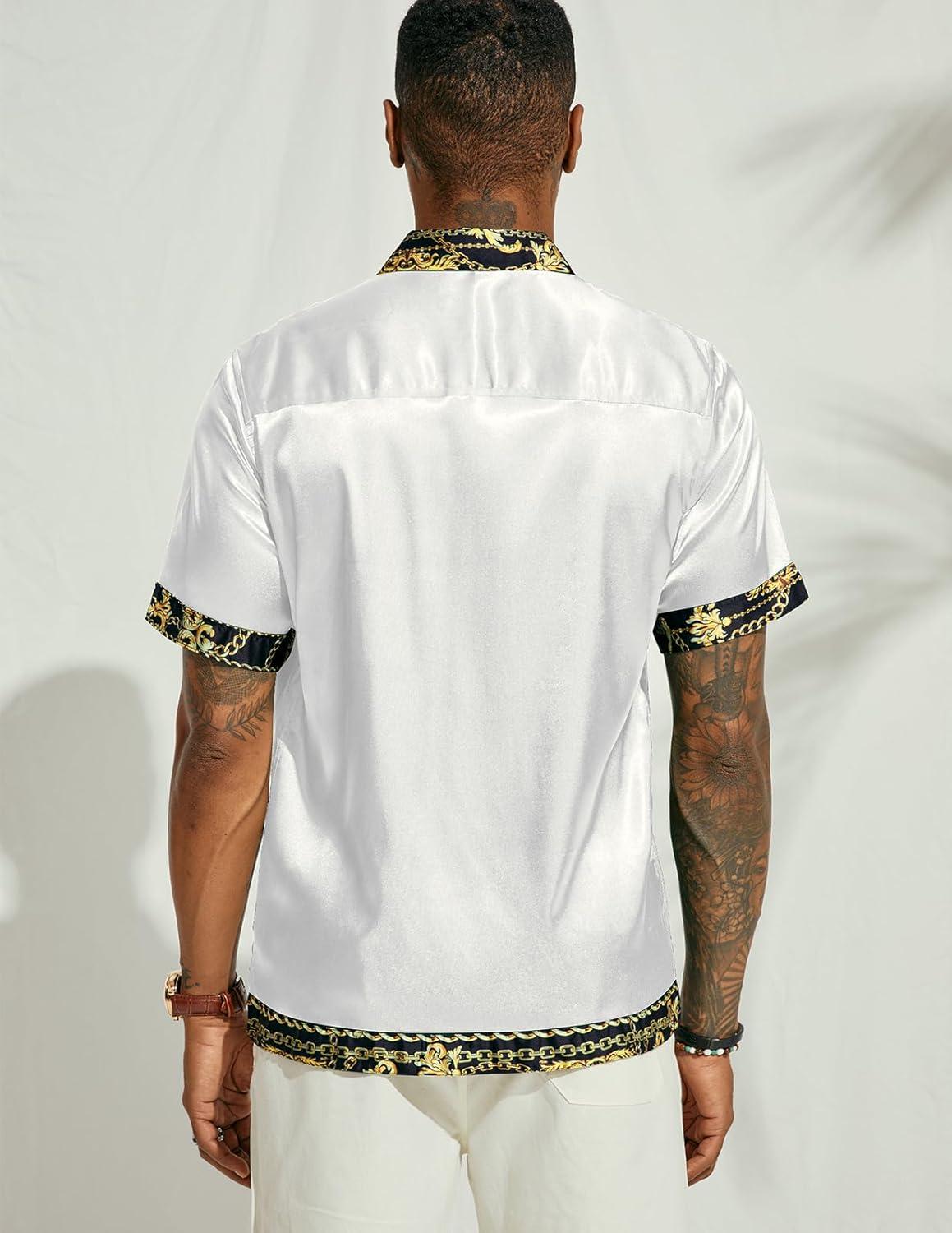 imagePJ PAUL JONES Mens Short Sleeve Button Down Shirts Casual Stretch Satin Silk Hawaiian Beach ShirtWhite